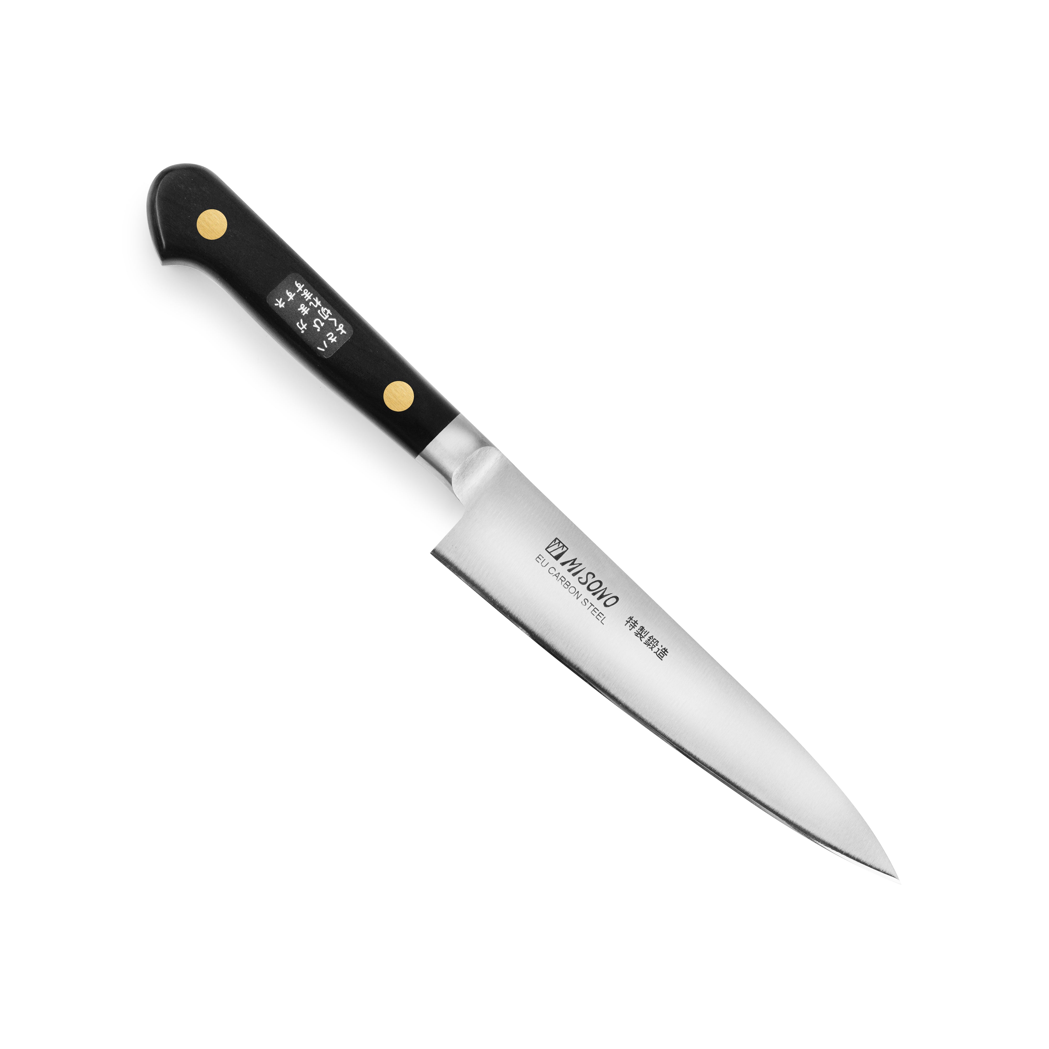 Close-up of the Misono Swedish carbon steel petty knife highlighting the sharp blade and Pakkawood handle.