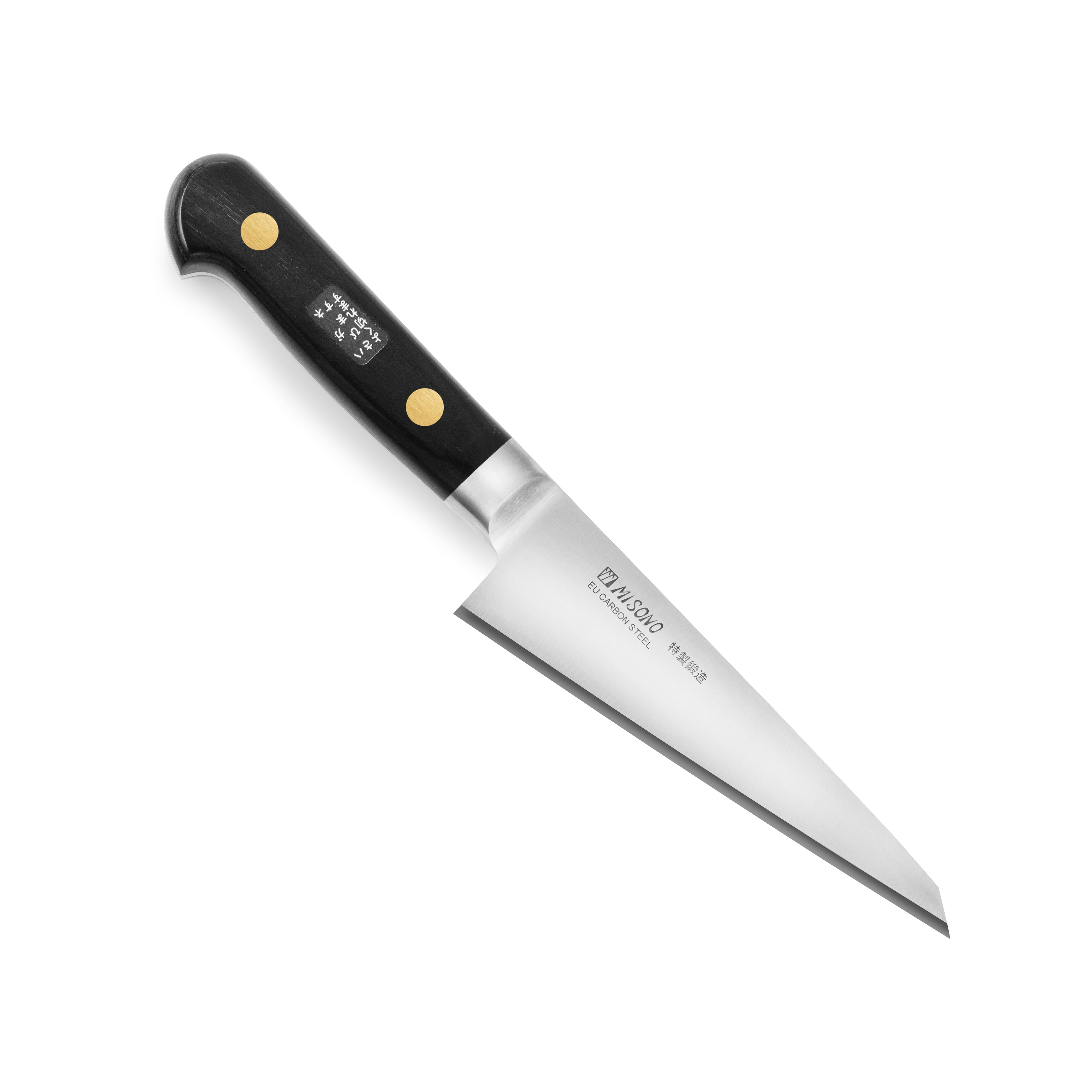 Misono Honesuki carbon steel knife showcasing its sharp blade and elegant handle for poultry preparation.