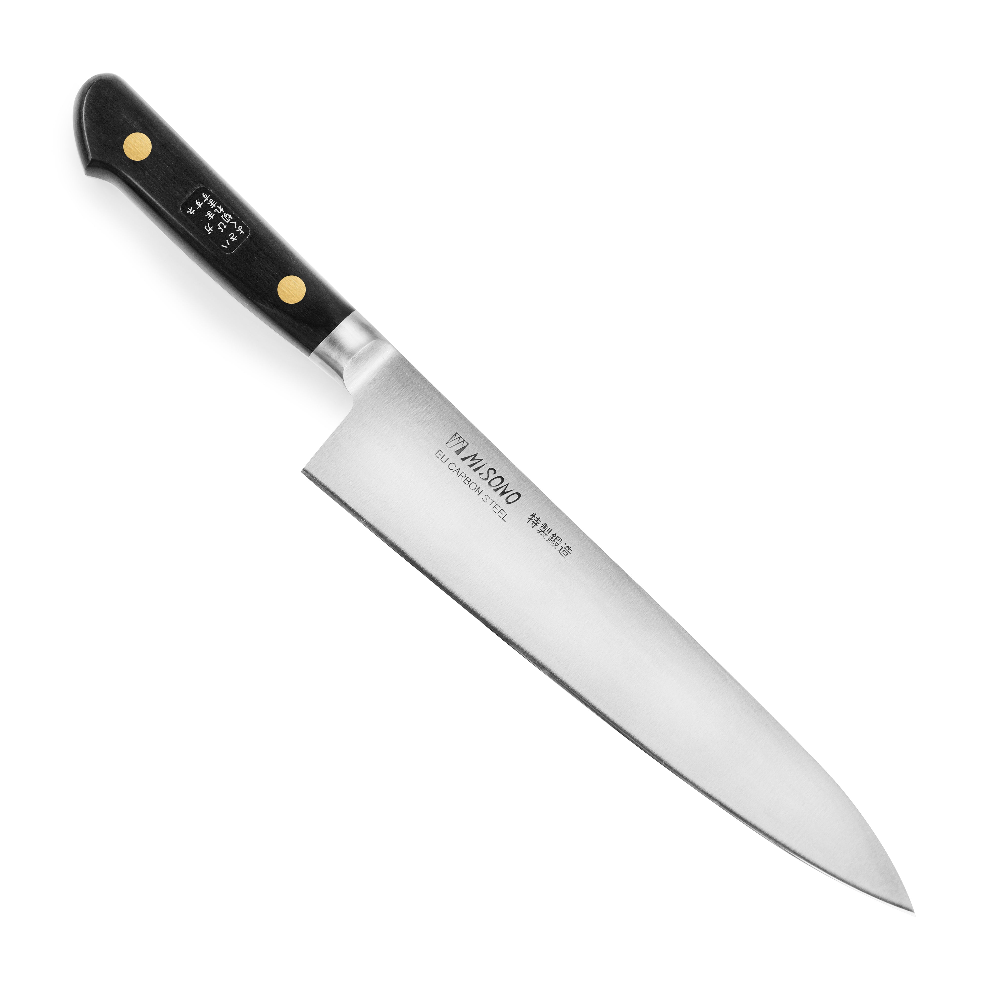 Misono Swedish Carbon Steel Gyuto Chef Knife angled view showcasing the blade and handle design.