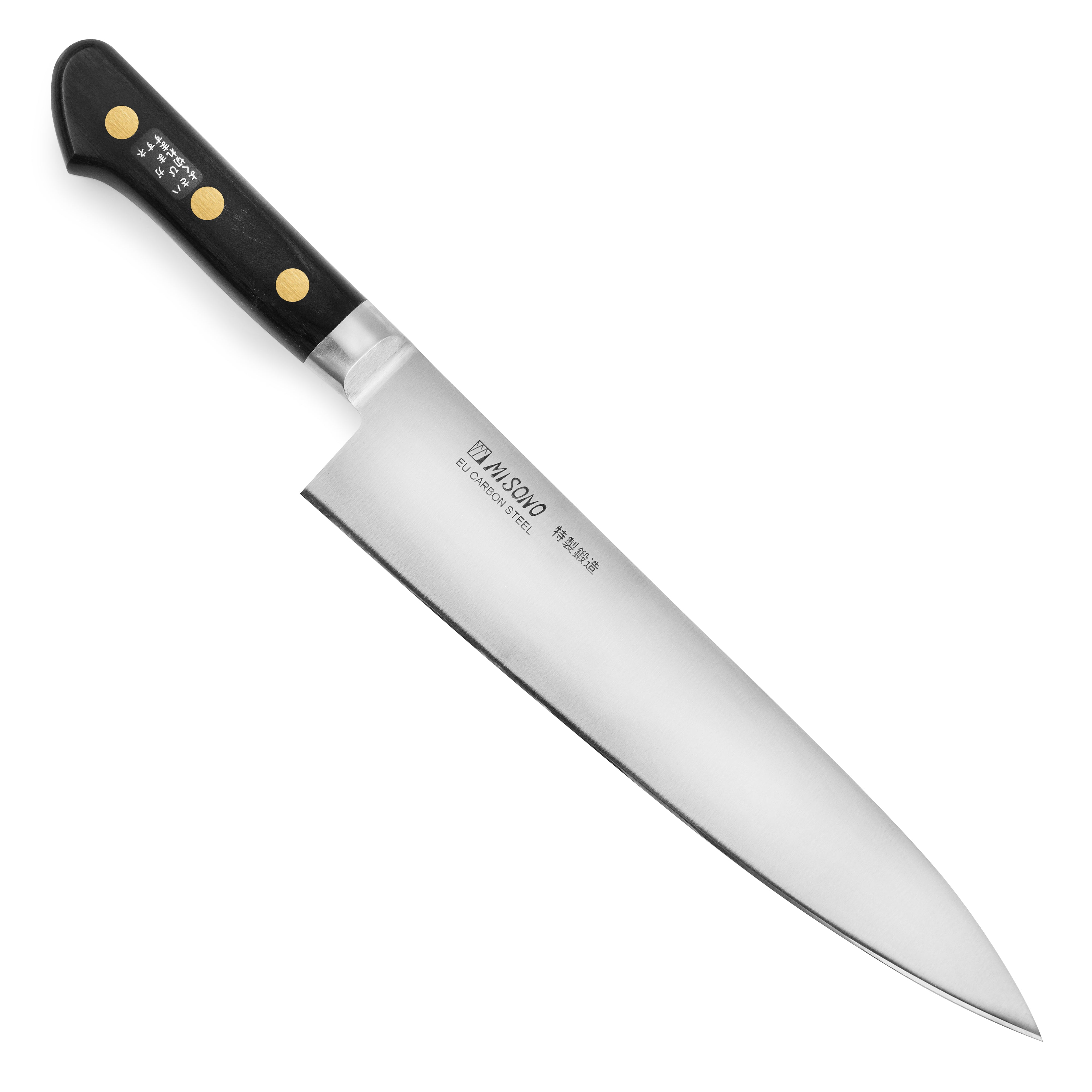 Close-up of the hand-forged carbon steel blade with a sharp edge