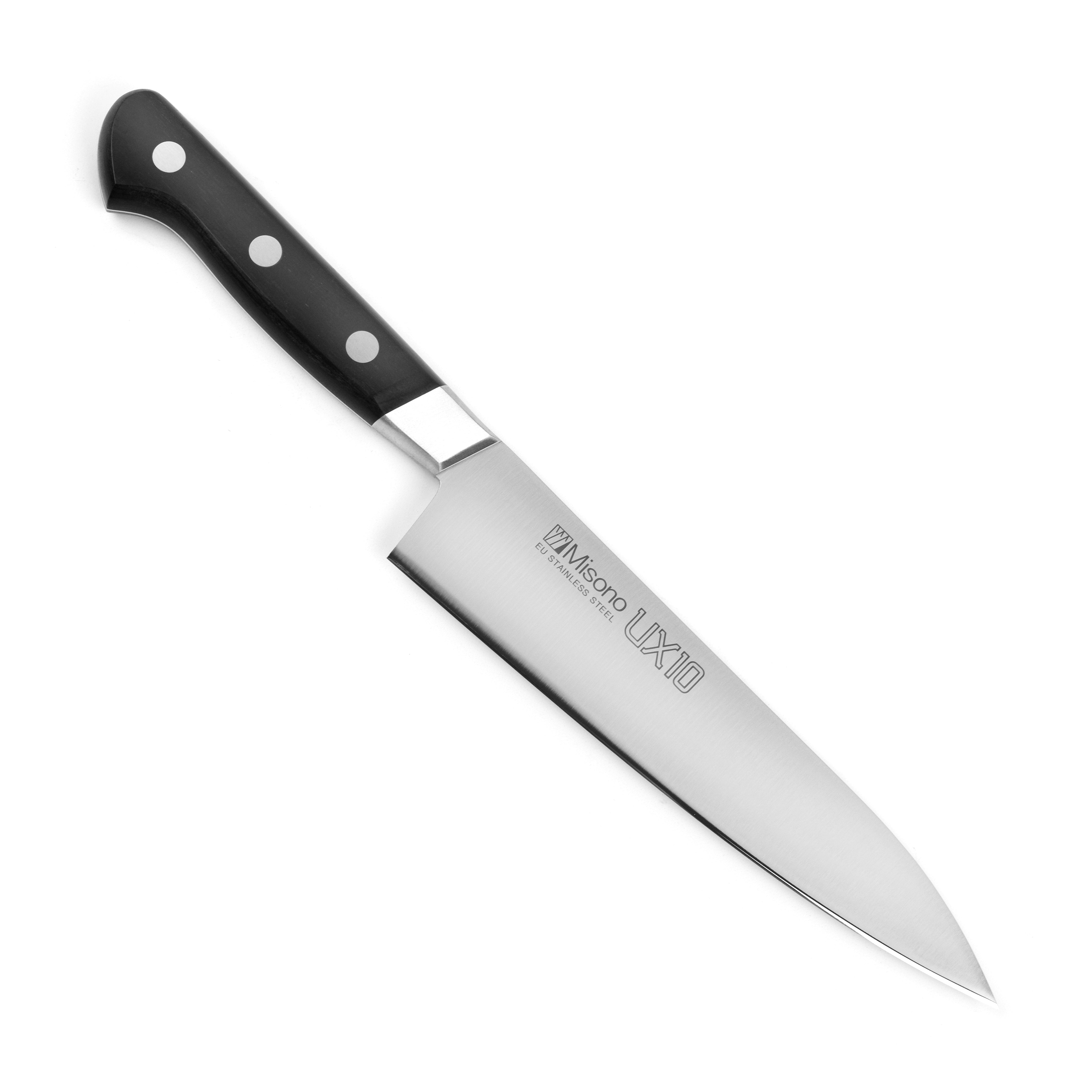 Display of the Misono UX10 knife with its sheath, highlighting the craftsmanship and materials.