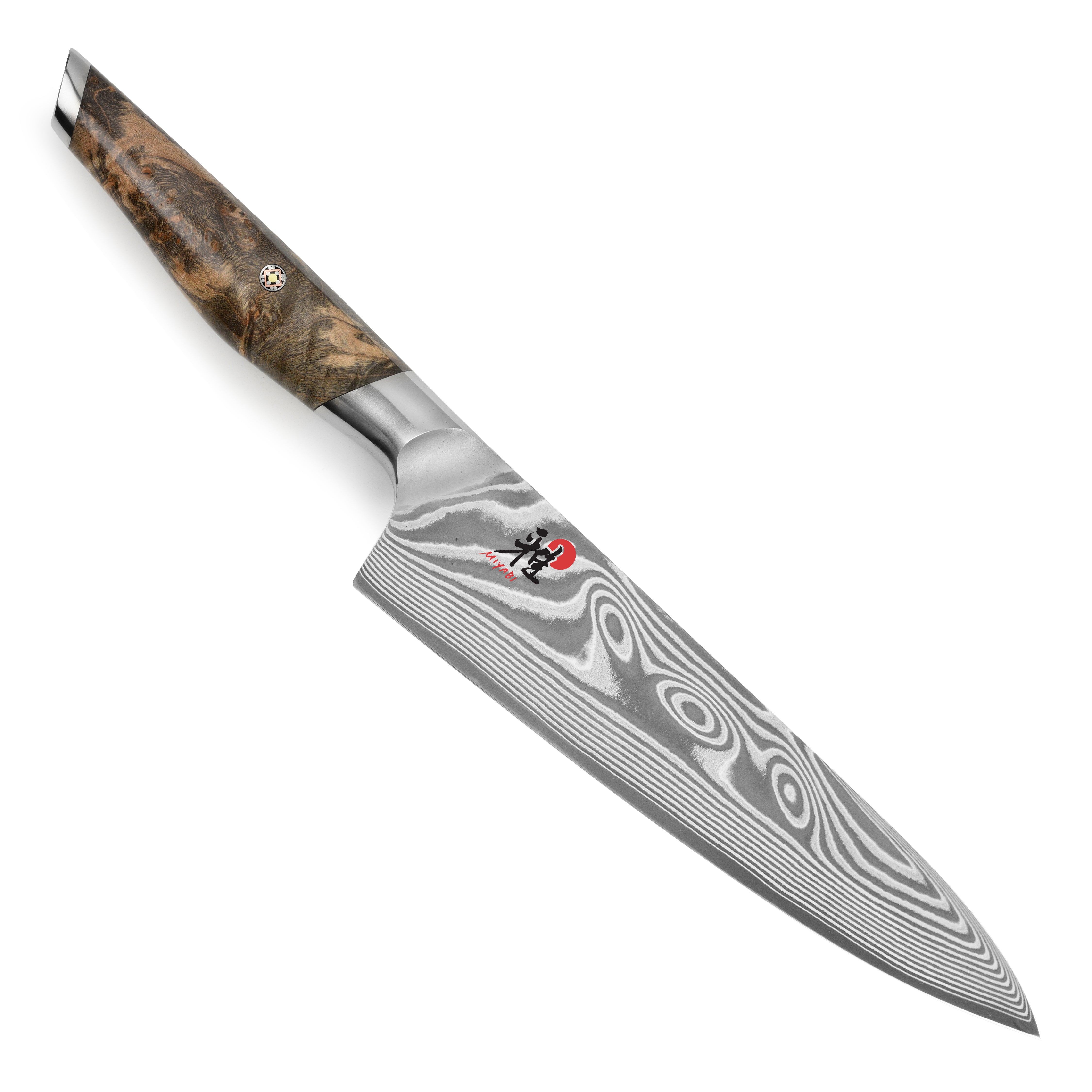 Handcrafted Maple Burl handle on Miyabi Iki anniversary chefs knife