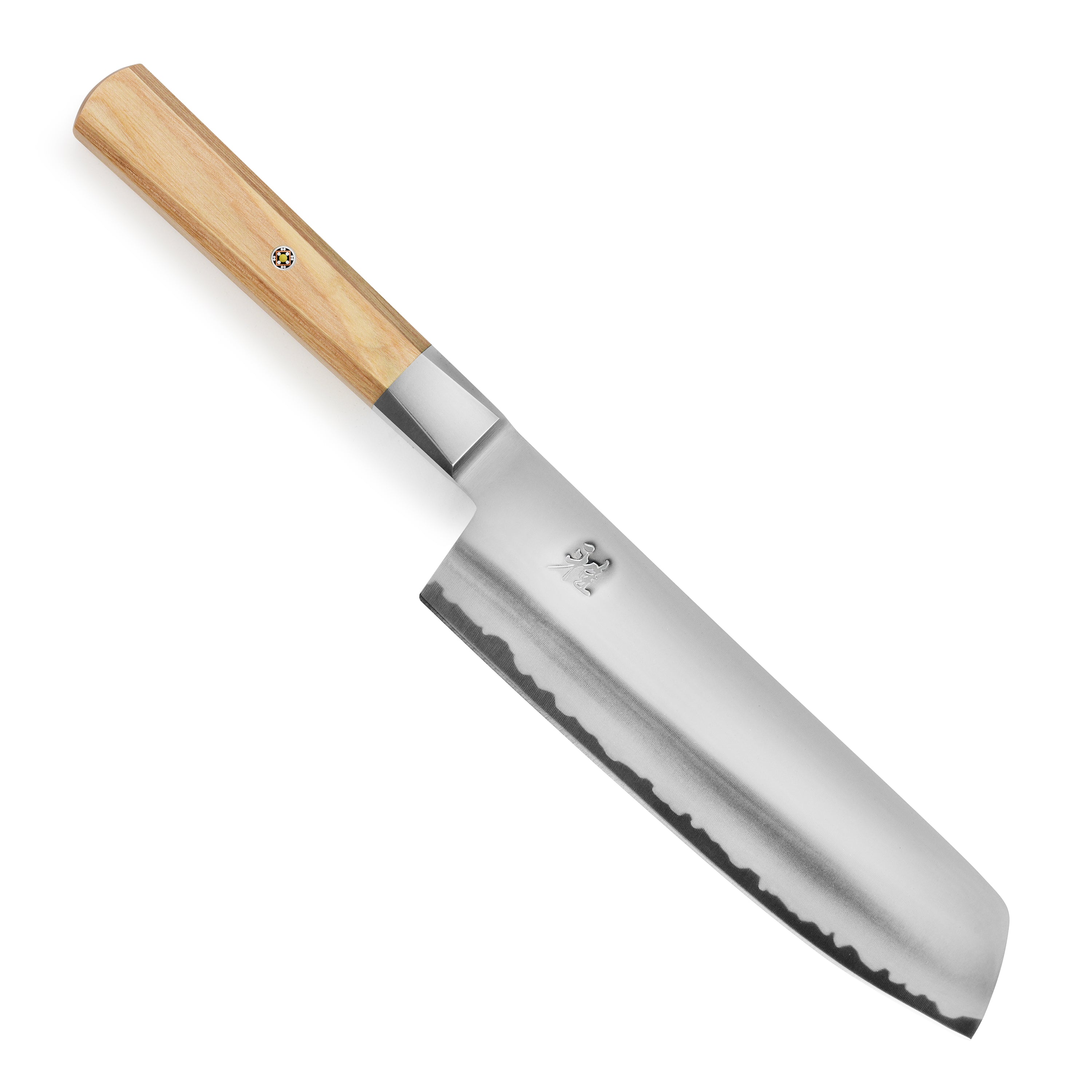 Miyabi Koya Nakiri knife showcasing its sharp Katana edge and elegant design, perfect for vegetable cutting.