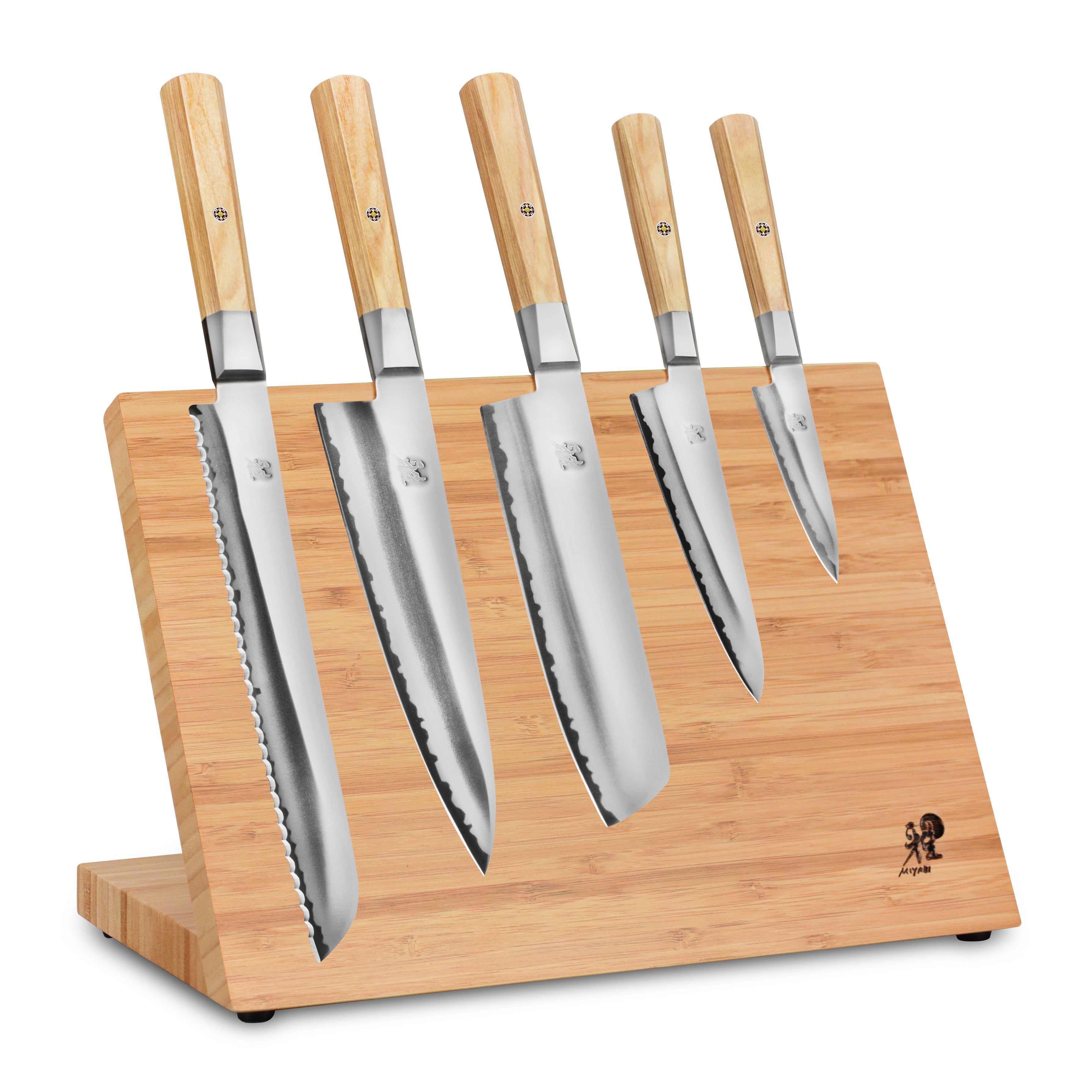 Miyabi Koya 6-piece magnetic knife set arranged on a modern kitchen counter, showcasing Japanese craftsmanship.