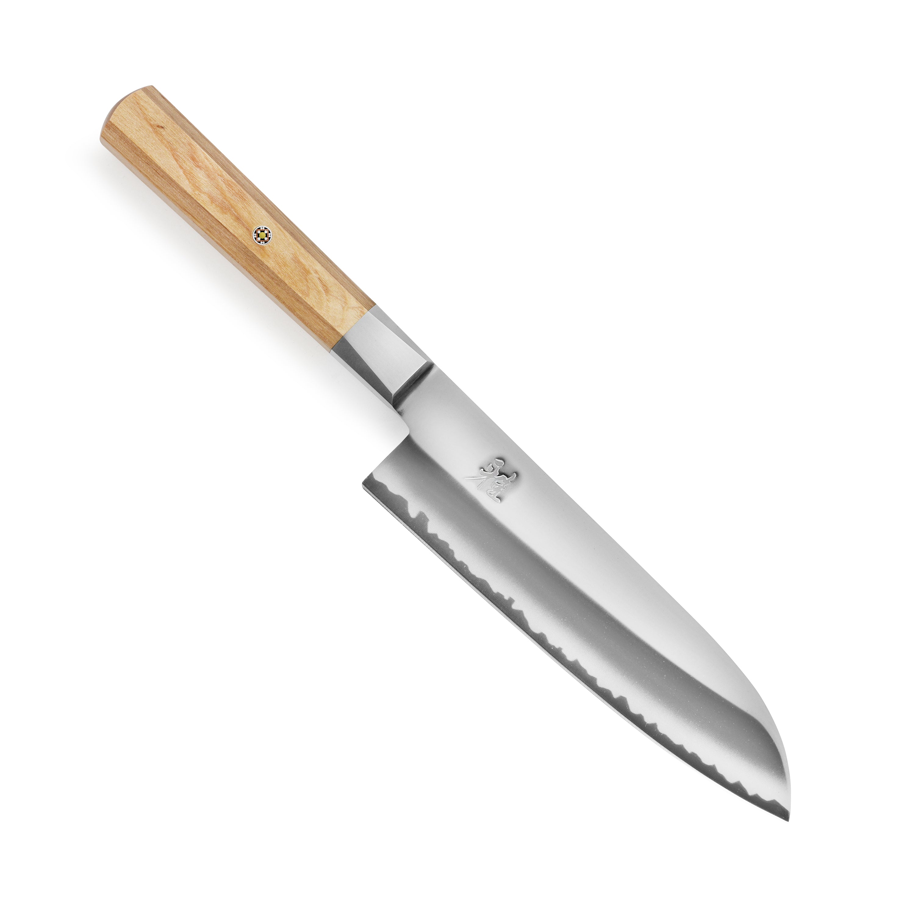 Close-up of Miyabi Koya 7 inch santoku knife blade with engraved logo and Katana edge