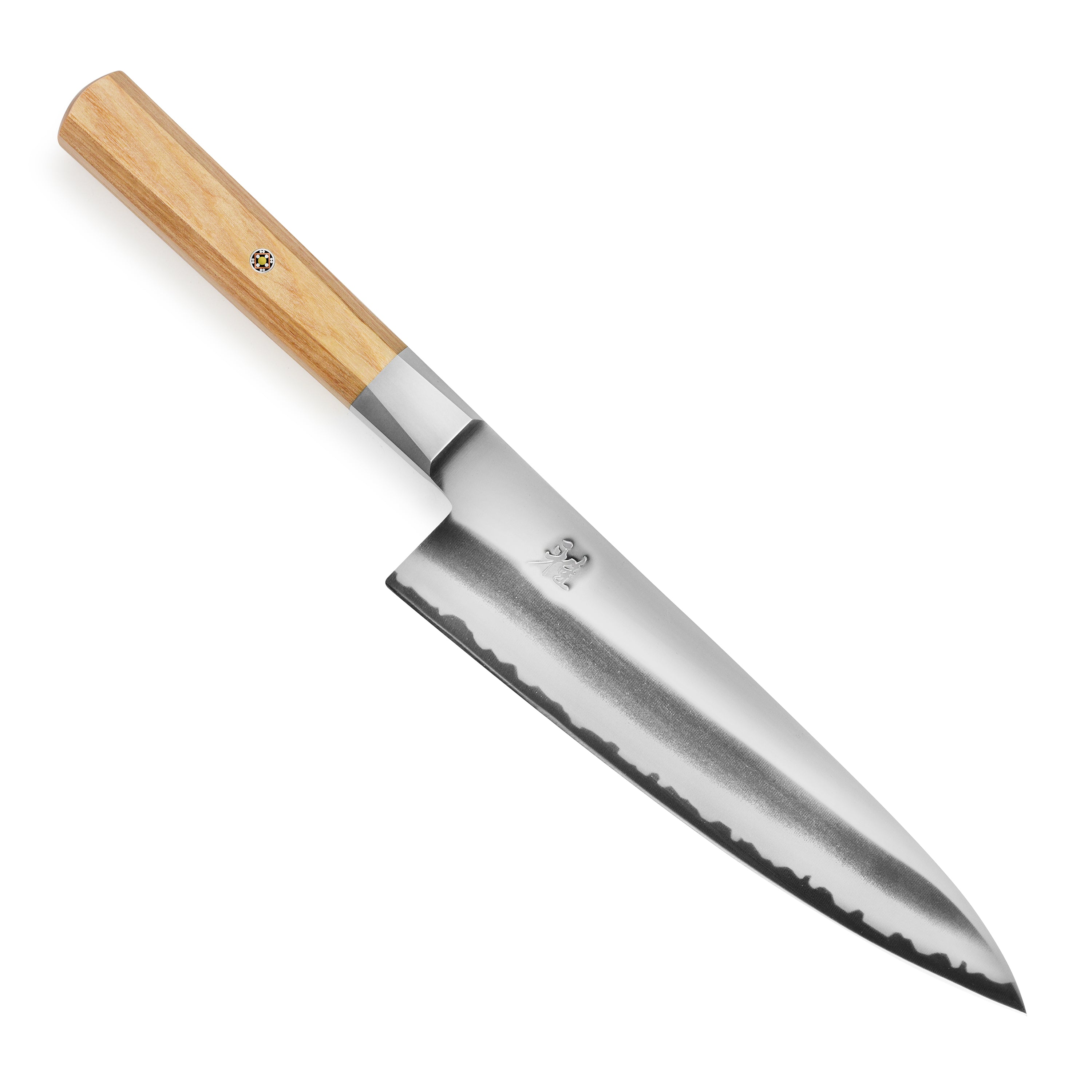 Miyabi Koya 8-inch chefs knife blade detail highlighting the sharp edge and engraved logo
