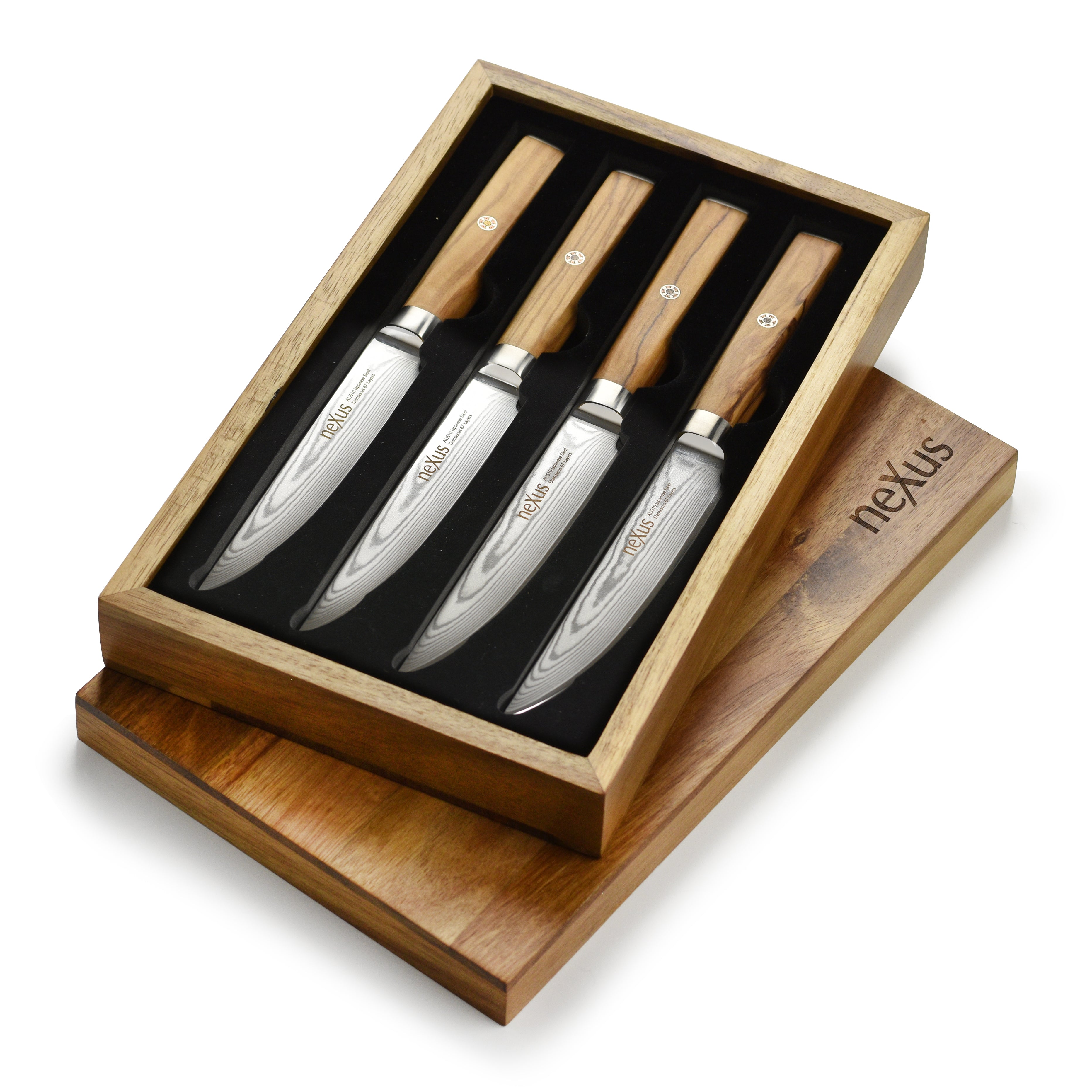 Acacia wood storage case containing the luxury steak knife set.