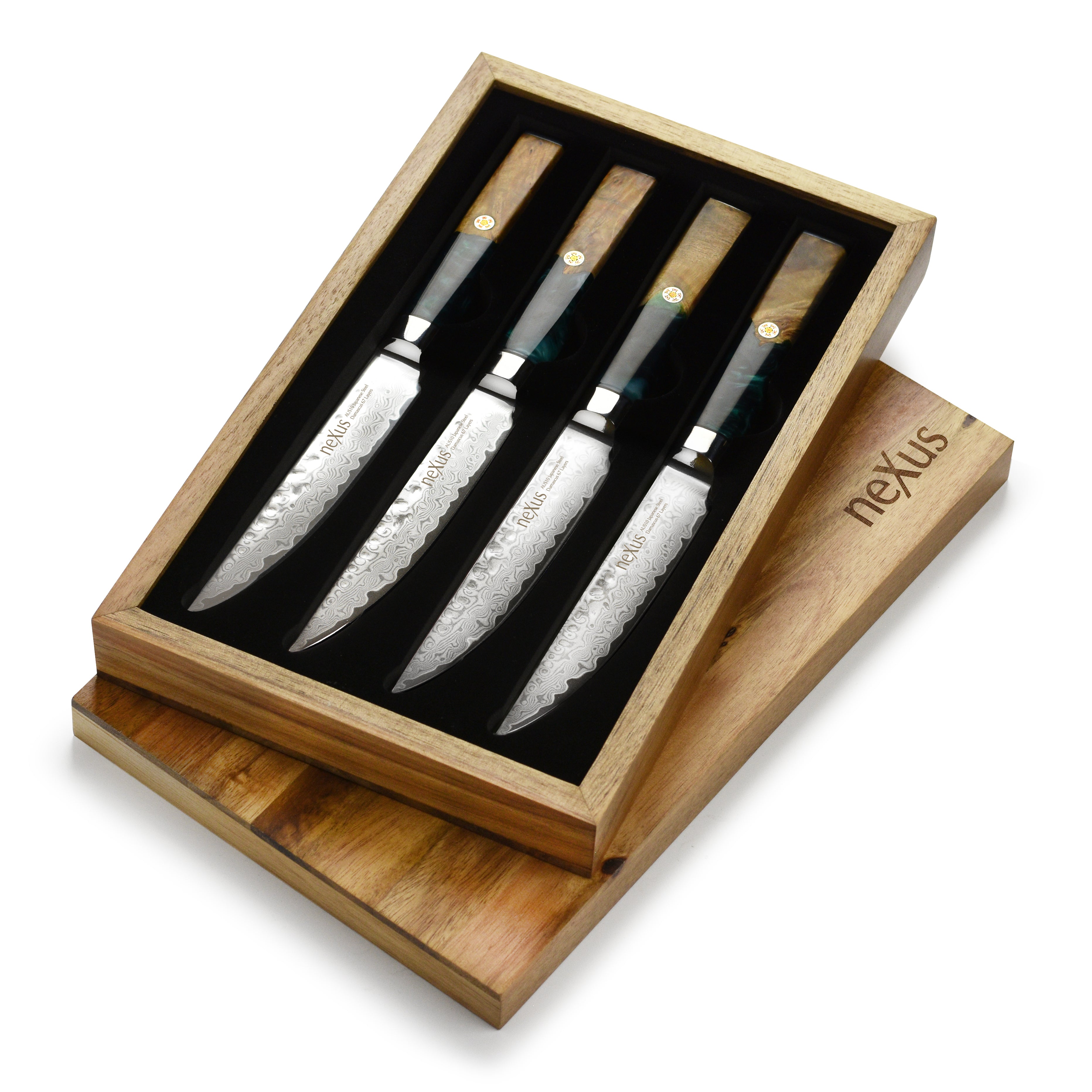 Set of four premium Damascus steak knives in acacia wood storage case