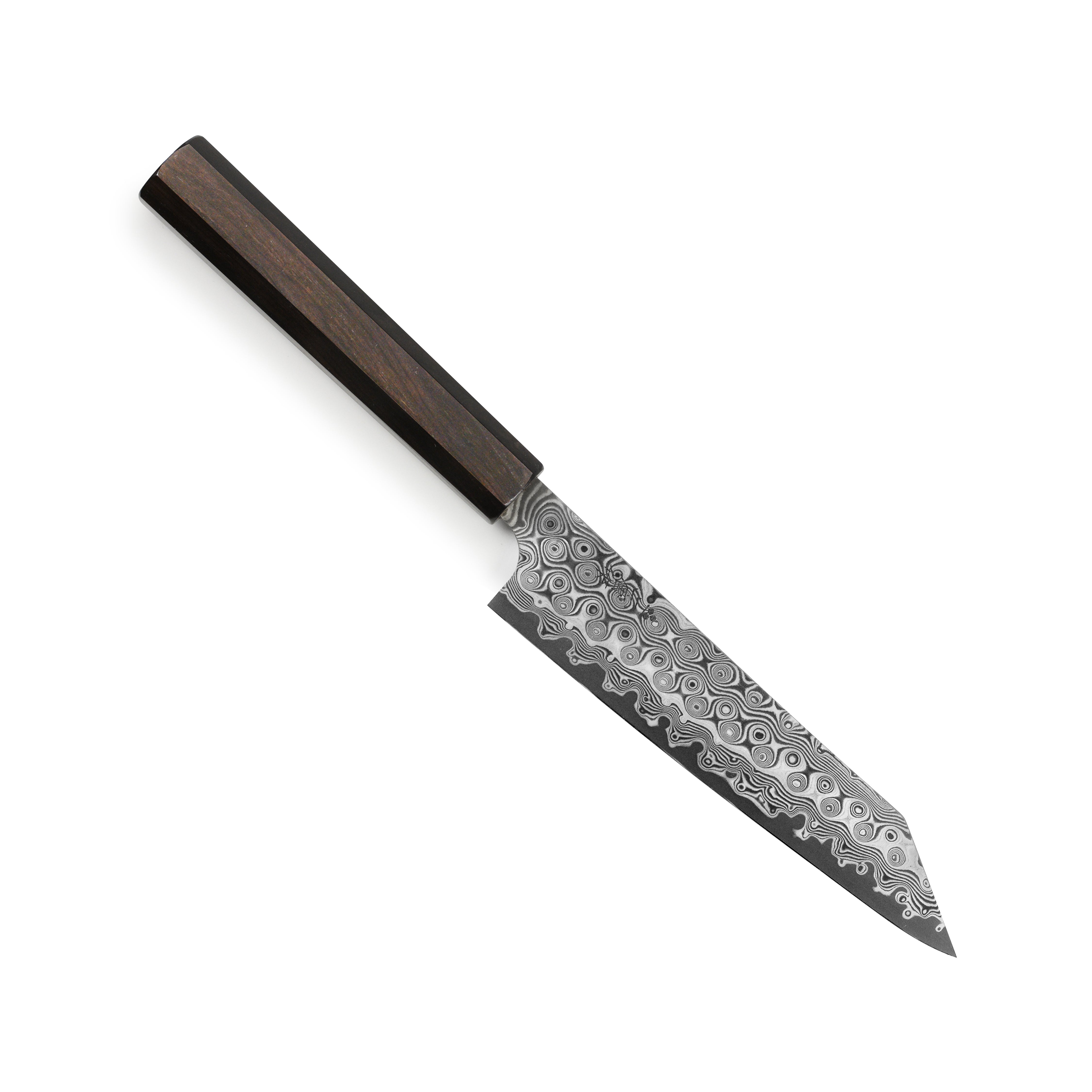 Premium SG2 Damascus Kiritsuke Petty Knife from an angle, showcasing its sharp blade and handle design.
