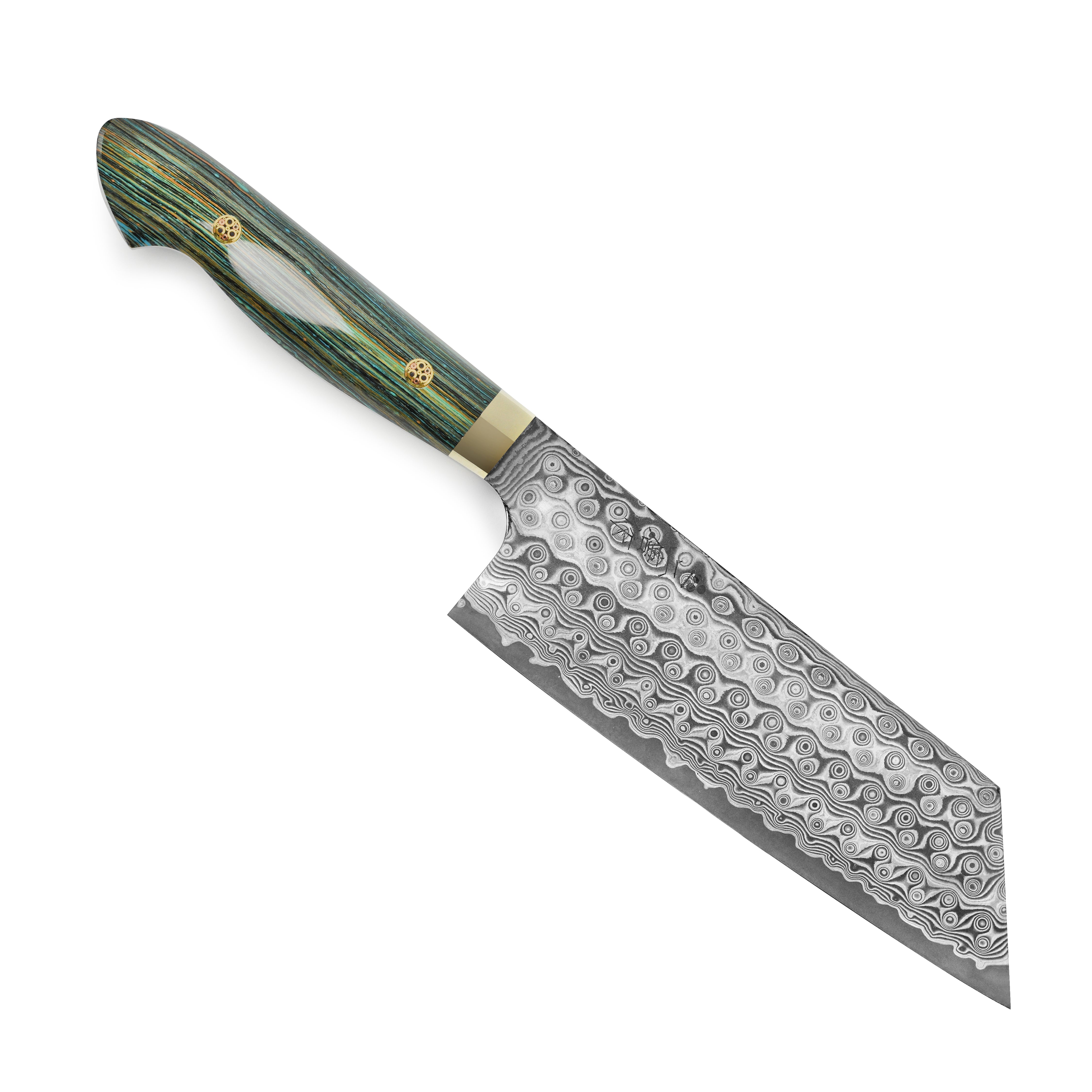 The Damascus knife in action, expertly slicing vegetables on a wooden cutting board.