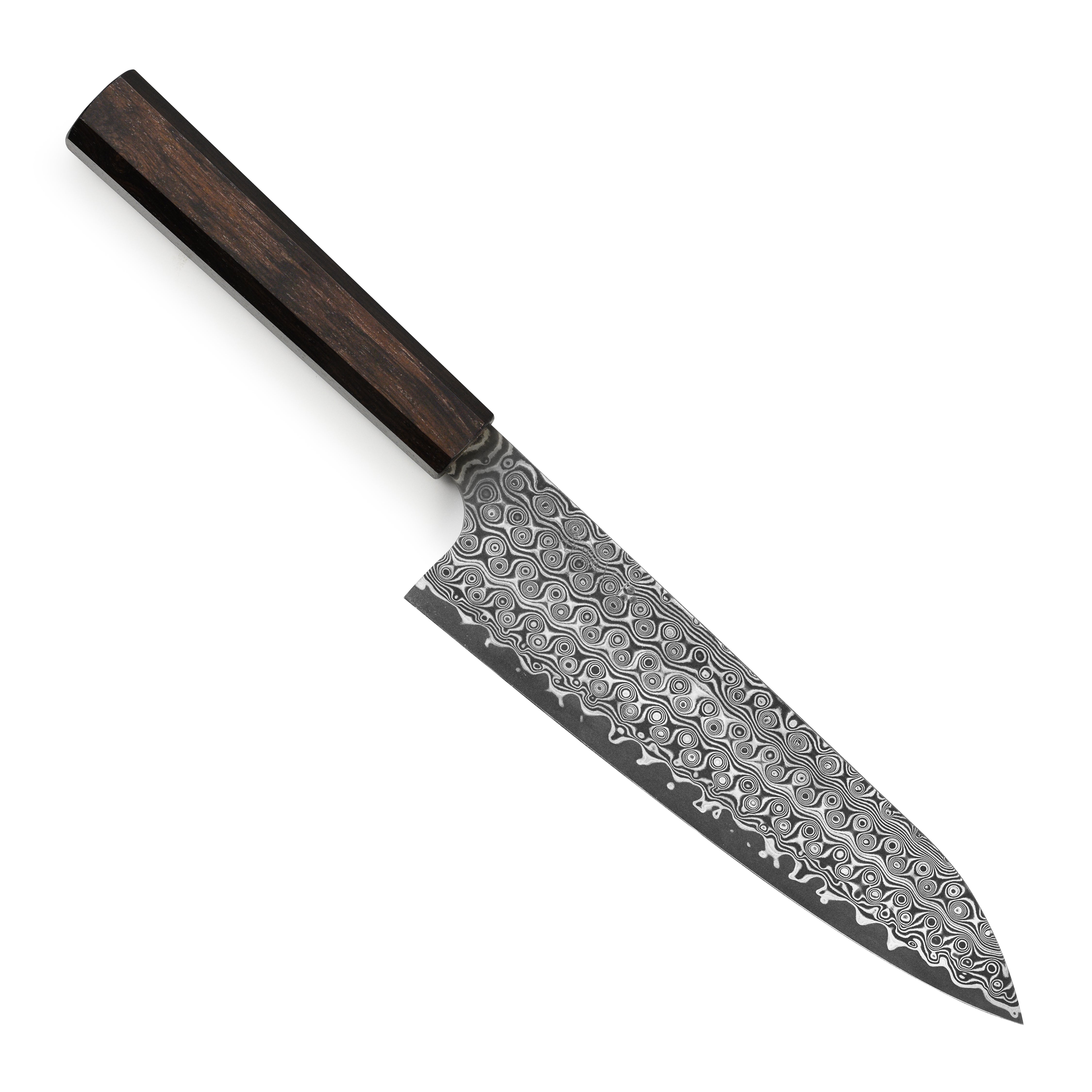 Front view of Nigara Anmon SG2 Damascus gyuto knife with detailed blade pattern