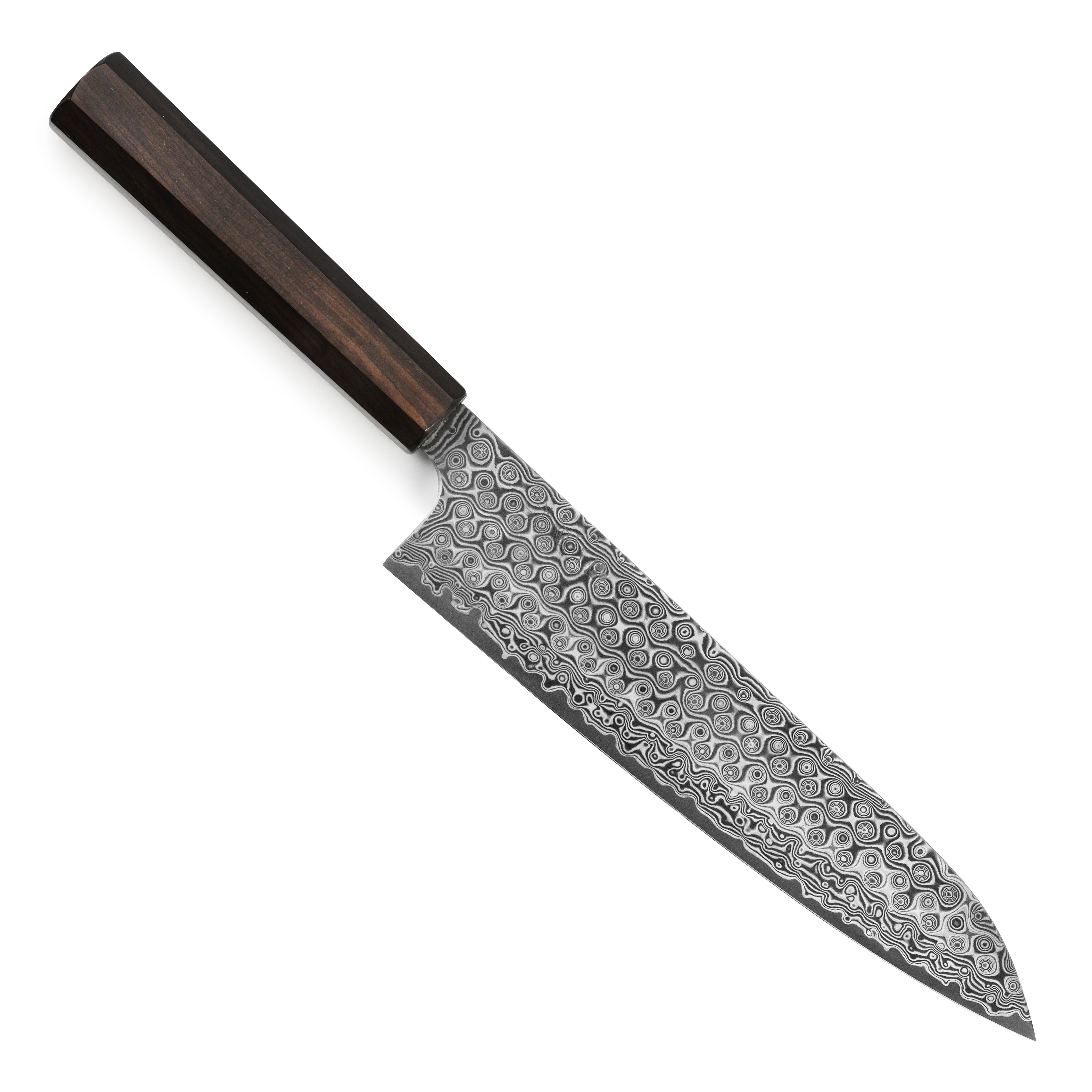Close-up of Nigara Anmon SG2 Damascus Gyuto blade showing detailed damascus pattern
