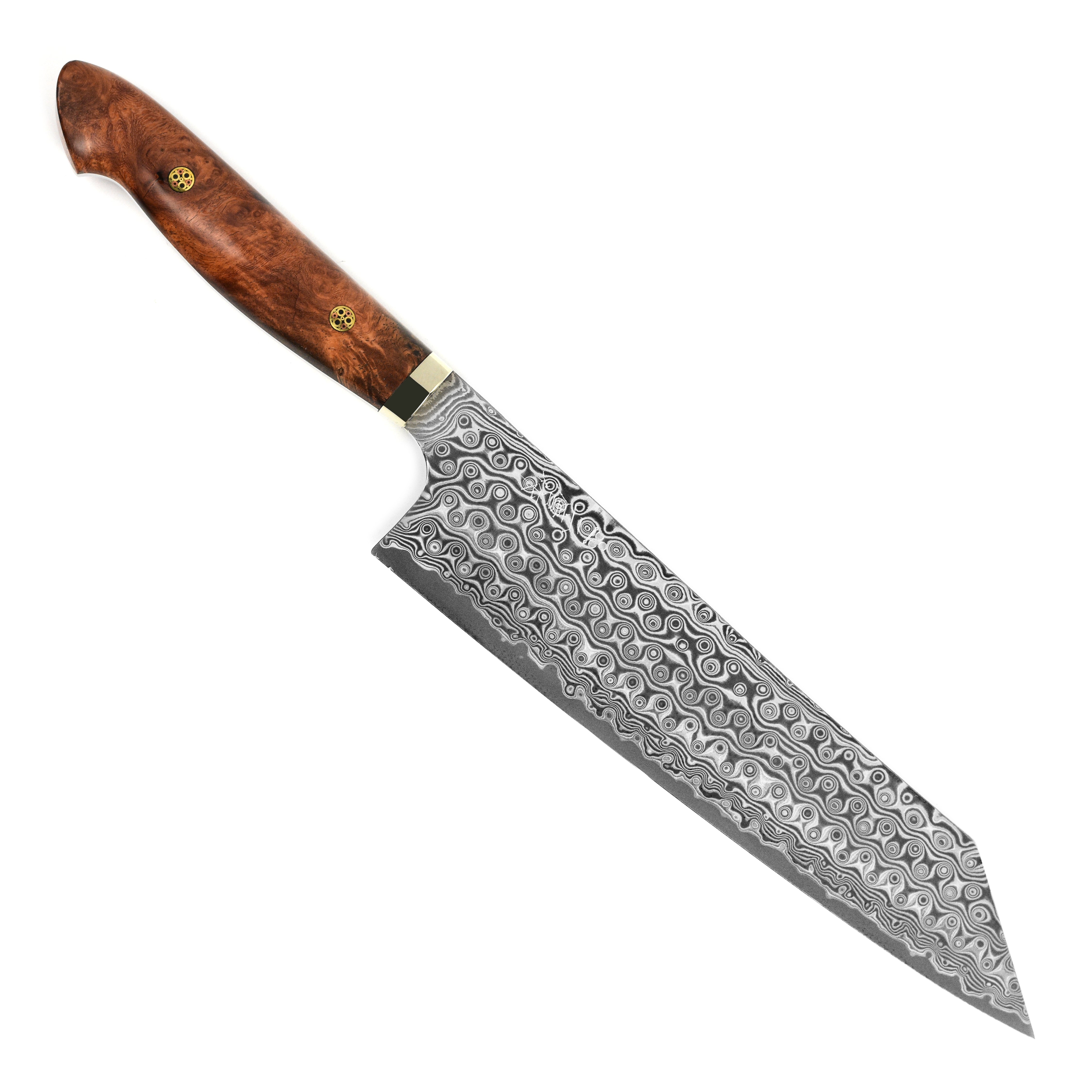 Top view of damascus chef knife showcasing blade craftsmanship and ergonomic handle design