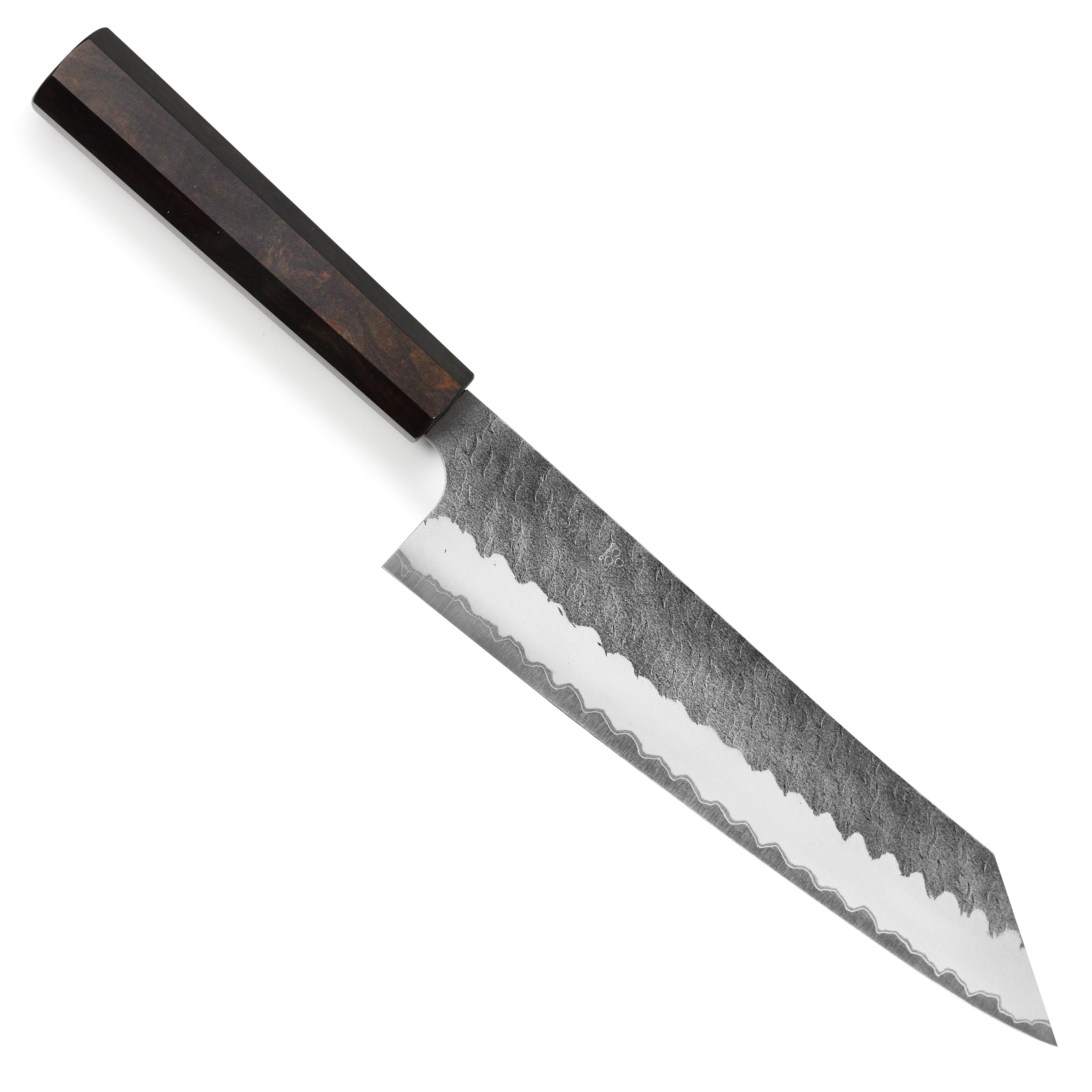 Side view of the Aogami Kiritsuke knife showcasing its sharp blade and ergonomic handle.