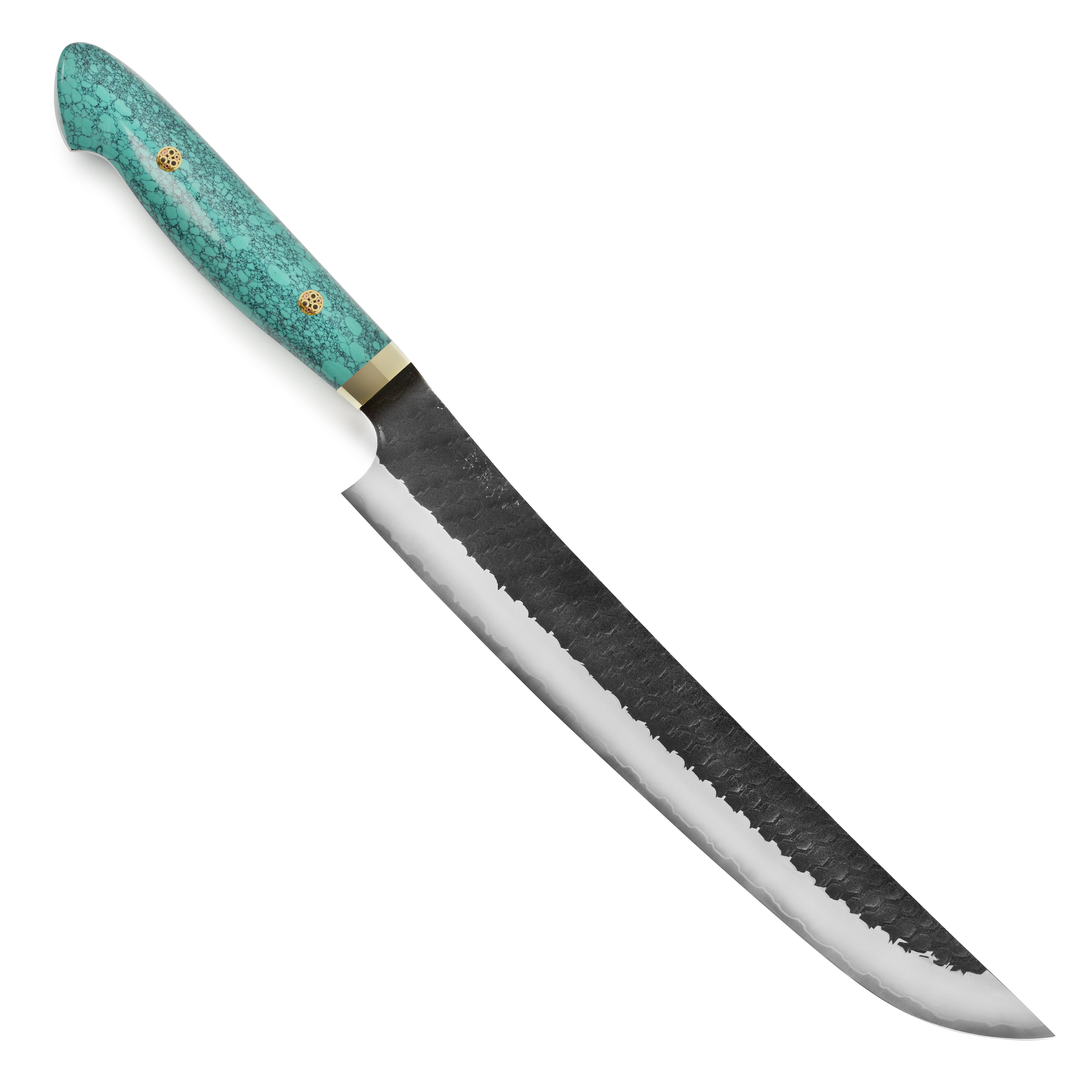Turquoise handle of Nigara SG2 Kurouchi Sujihiki highlighting ergonomic design for comfort during use.