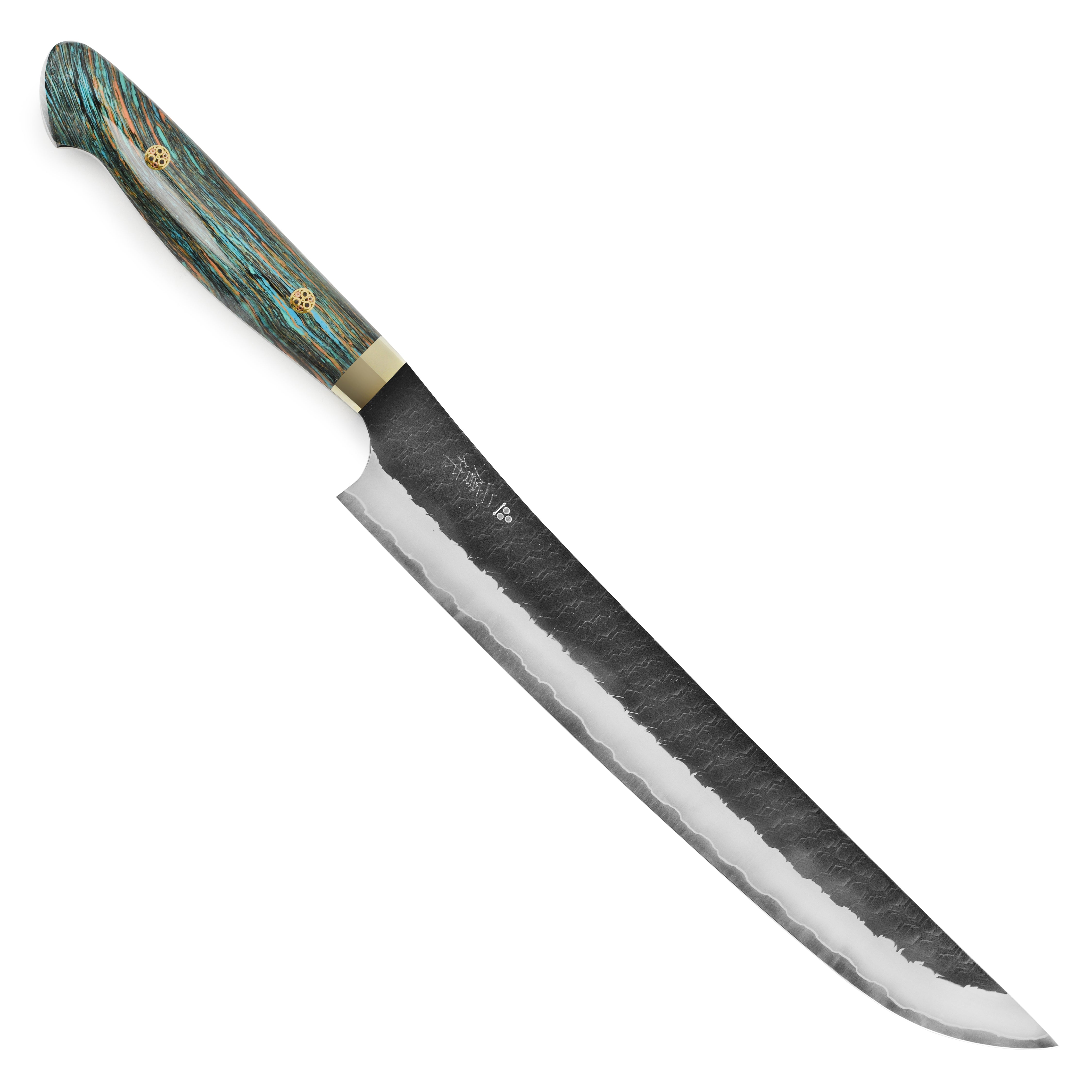 Top view of the 10.6-inch sujihiki knife highlighting its sharp edge and kurouchi finish.