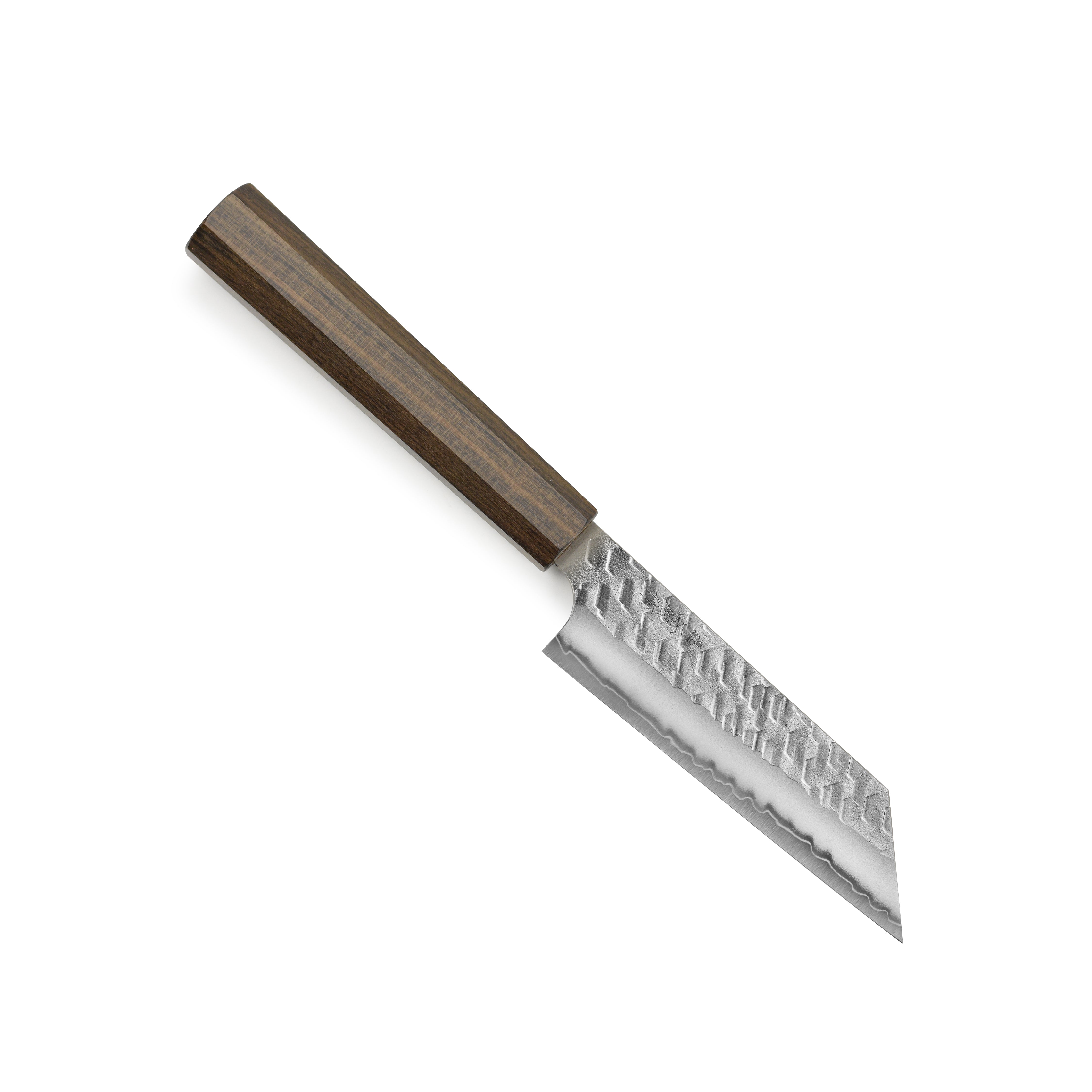 Nigara Kiritsuke Paring Knife showcasing its sharp blade and ergonomic handle, perfect for home chefs.