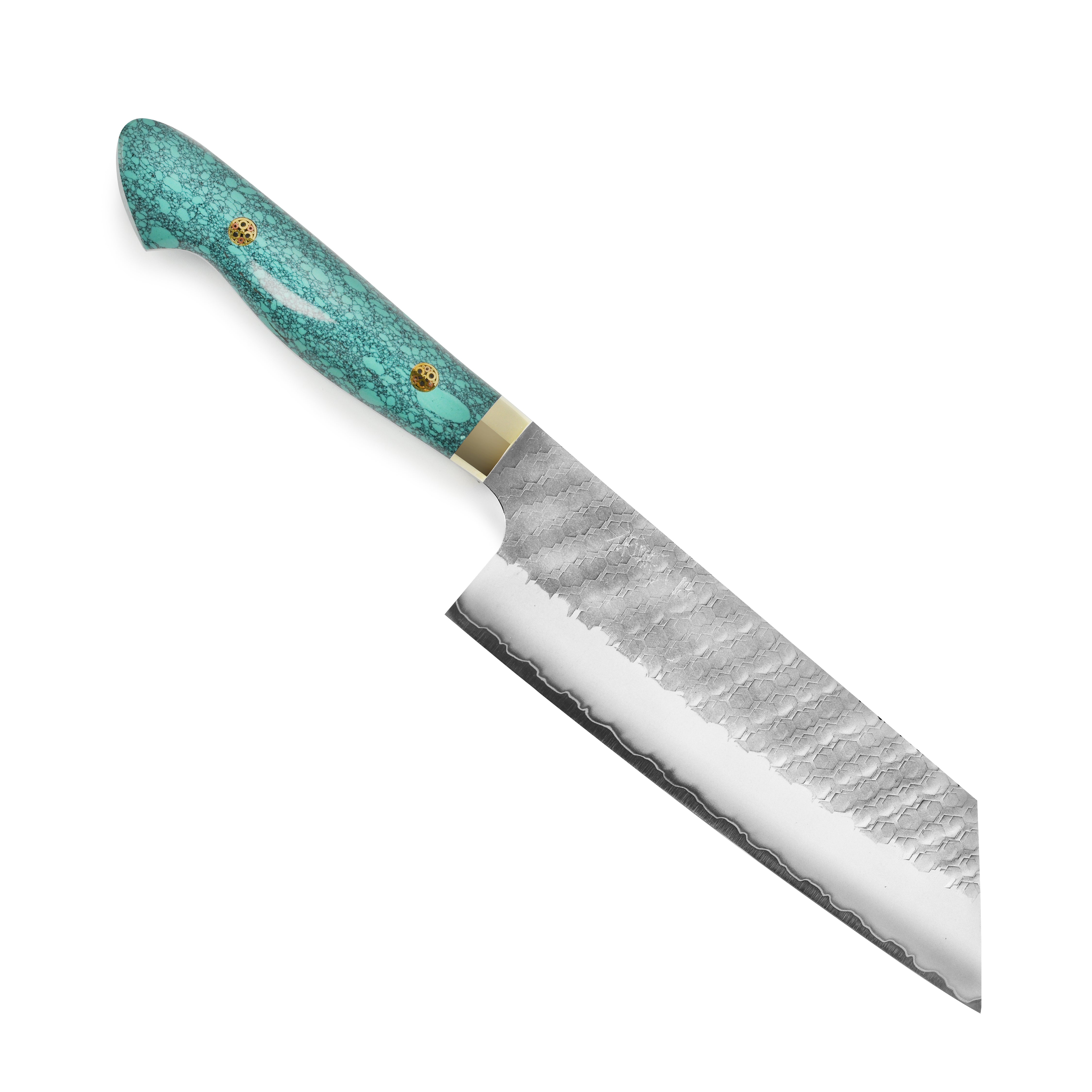 Japanese Nakiri knife with green turquoise handle on cutting board for kitchen prep