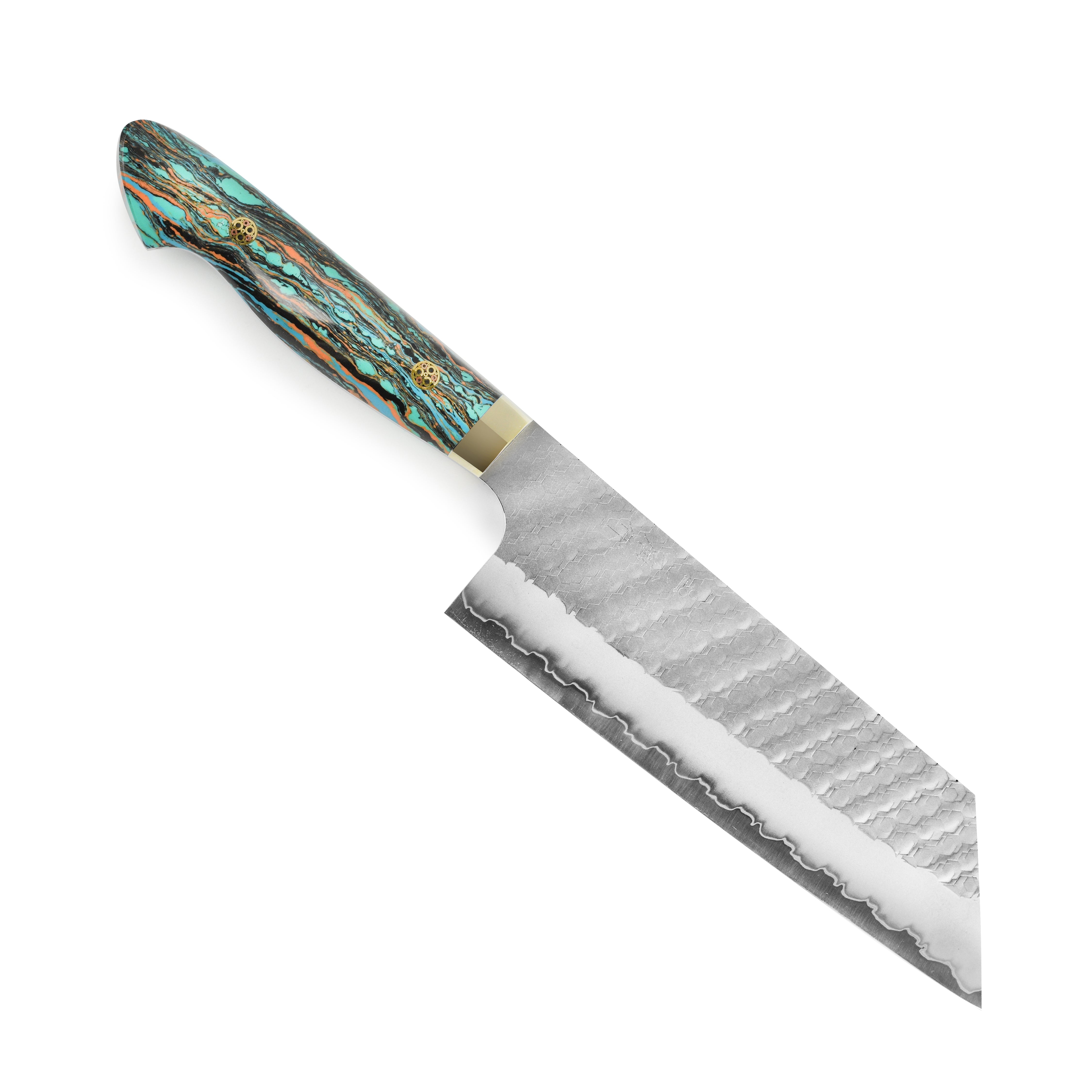 Close-up view of the SG2 steel blade of the Nigara nakiri knife in a kitchen setting.