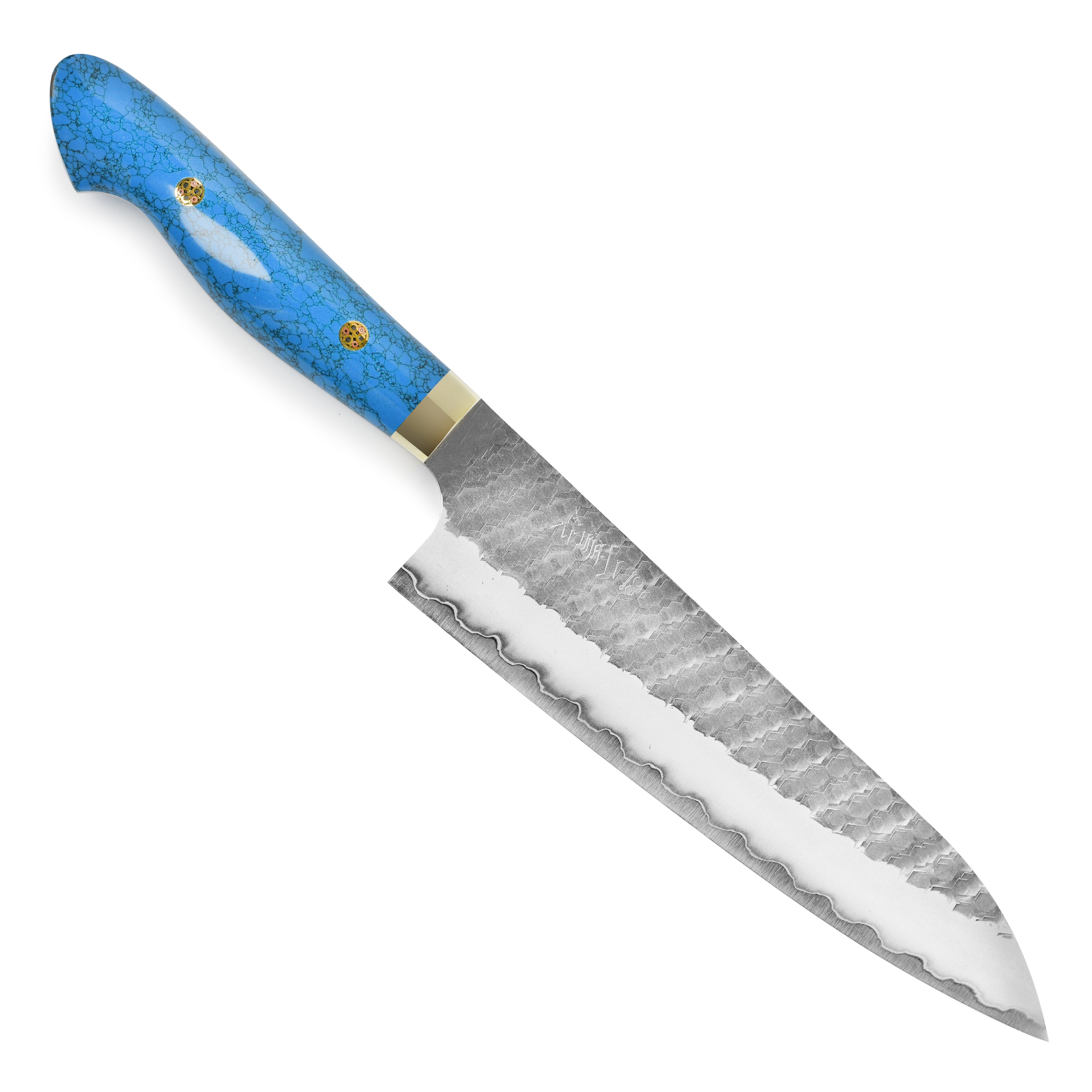 Close-up of the SG2 high carbon steel blade edge on the Nigara gyuto knife