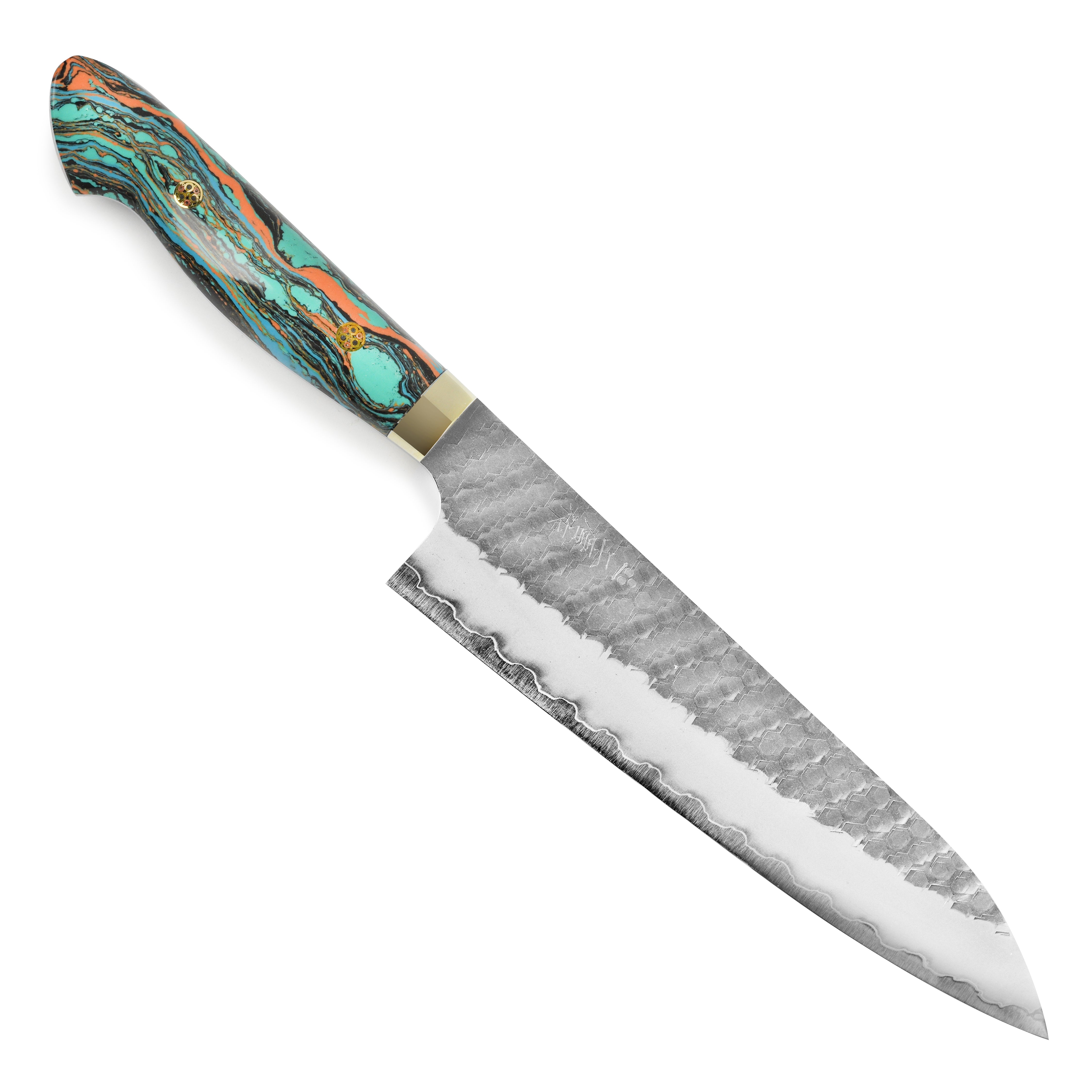 Top view of the Gyuto knife highlighting the turquoise marble handle and sharp edge