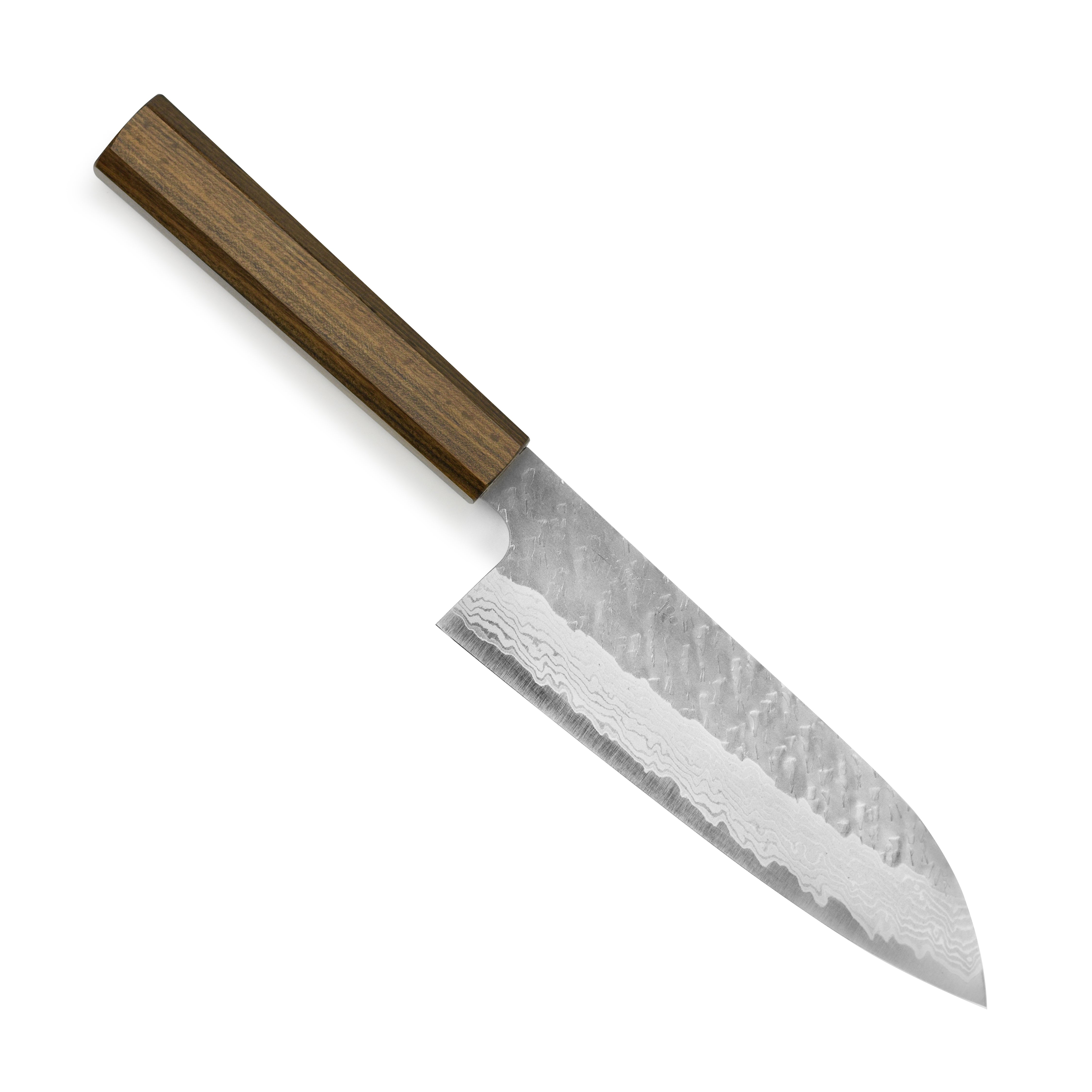 Nigara VG10 Santoku knife on a cutting board, highlighting its sharpness and design.