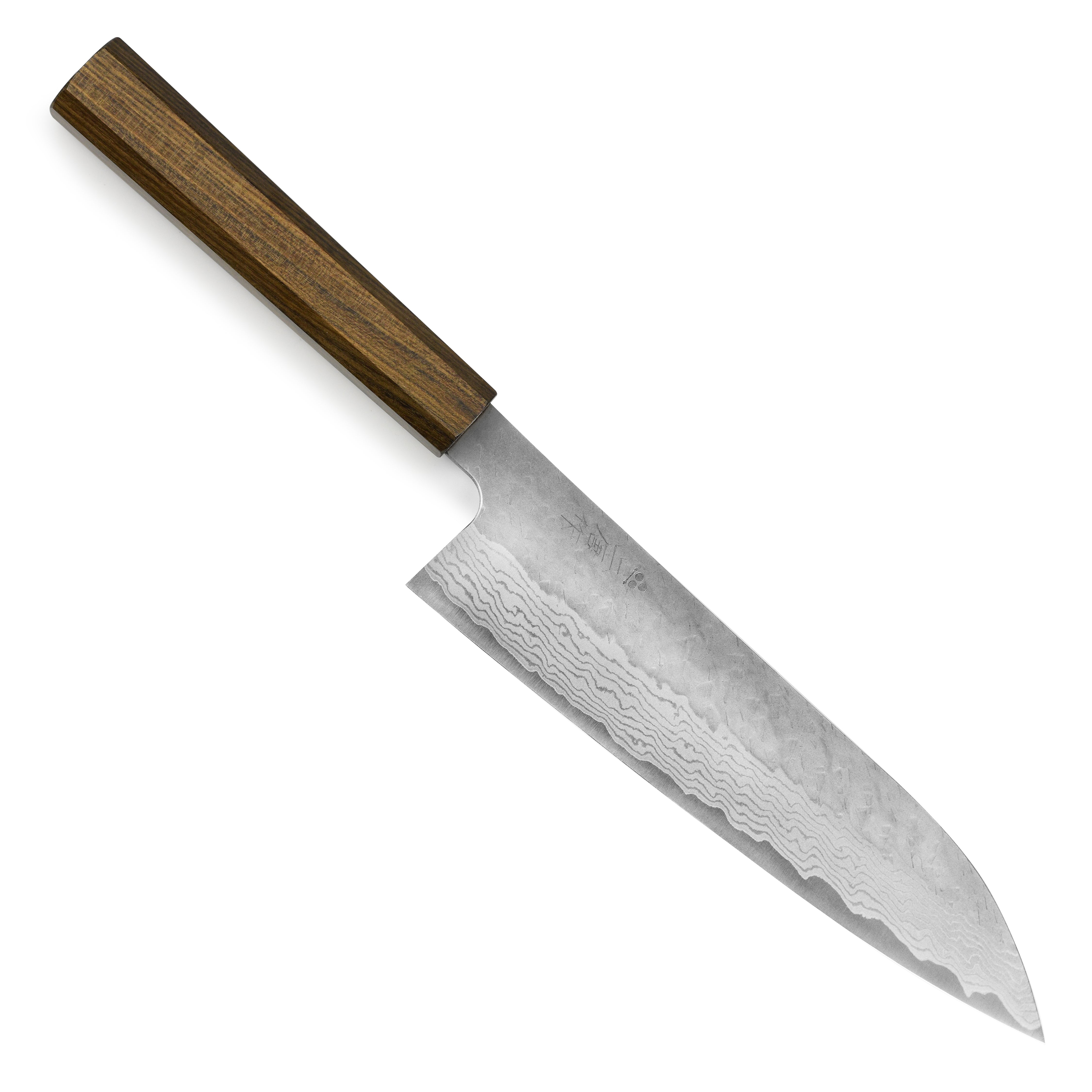 Tsuchime Damascus Gyuto Knife angle view showcasing the blade and handle