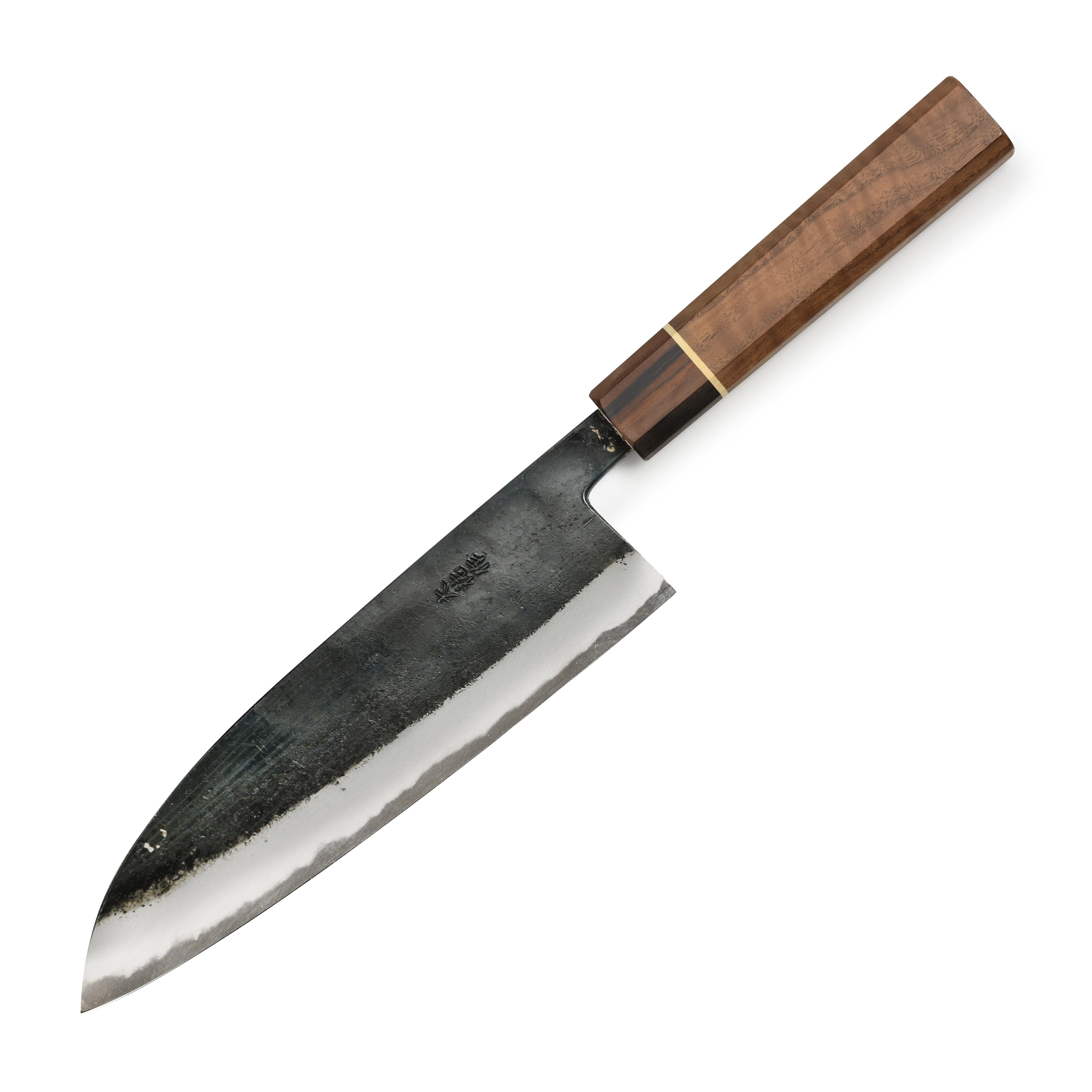 Nishida Shirogami Funayuki Gyuto Knife showcasing its sharp blade and walnut handle from a side angle.