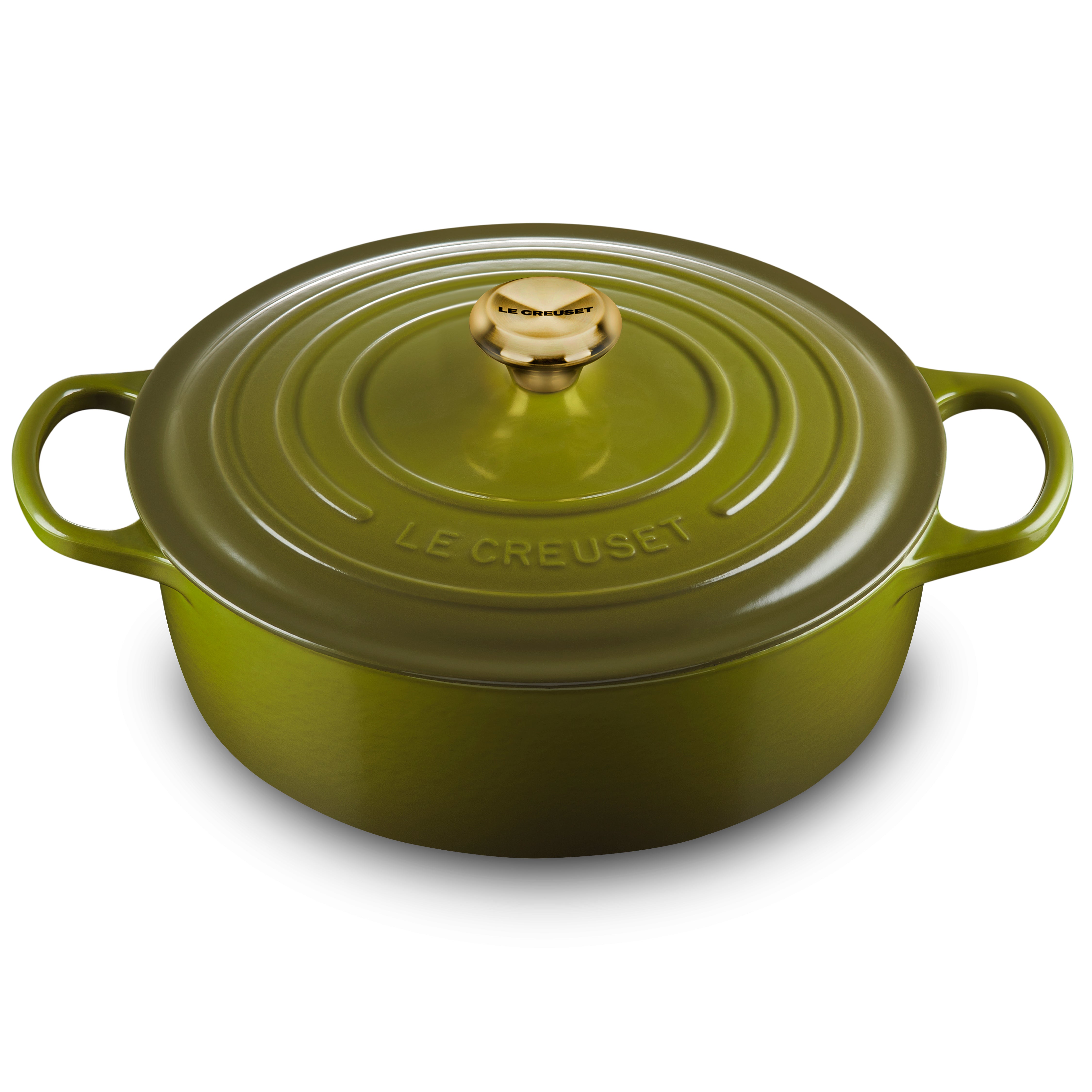 Signature enameled Dutch oven with ergonomic handles and gold knob from a top angle.