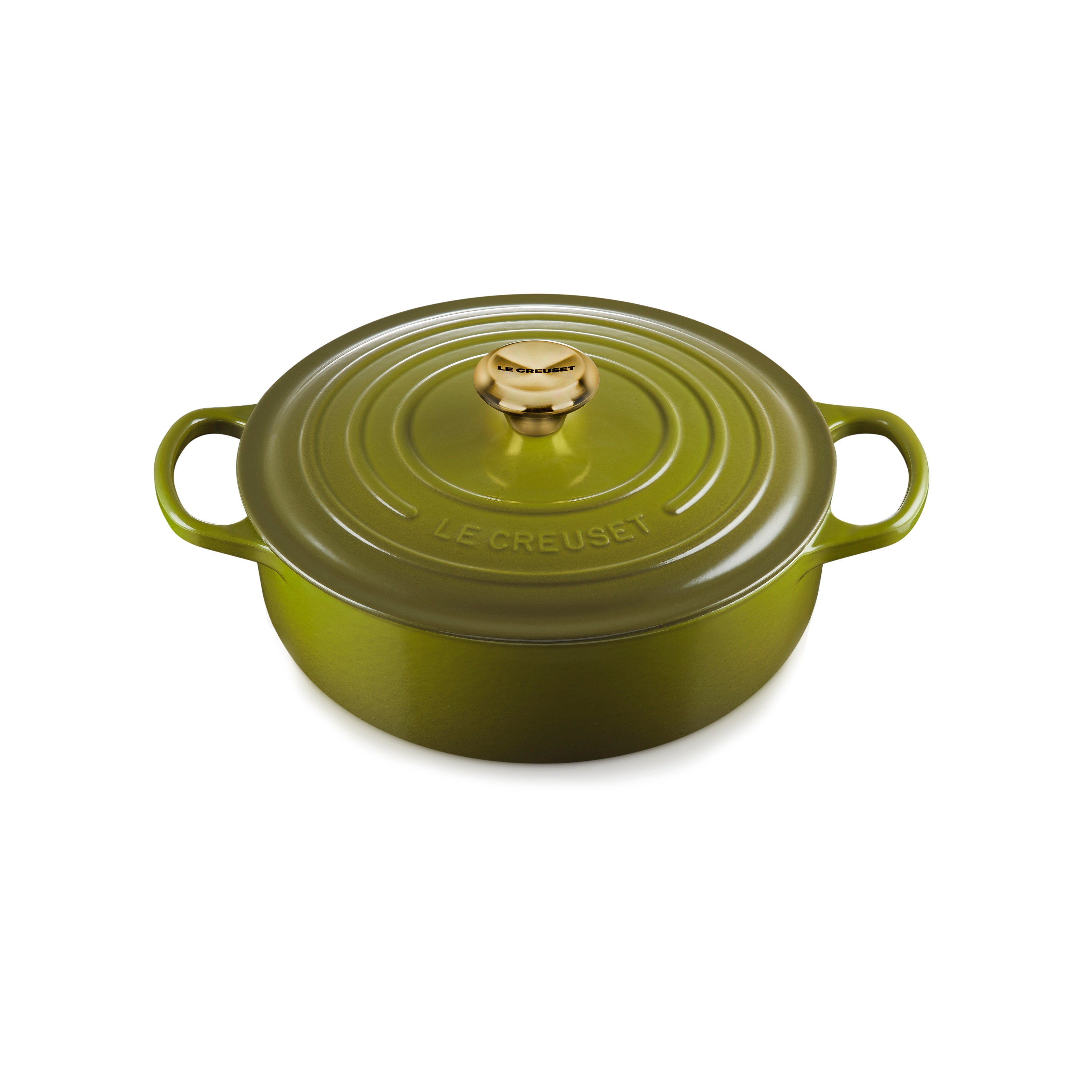 Le Creuset 3.5-quart cast iron sauteuse with ergonomic handles and gold knob