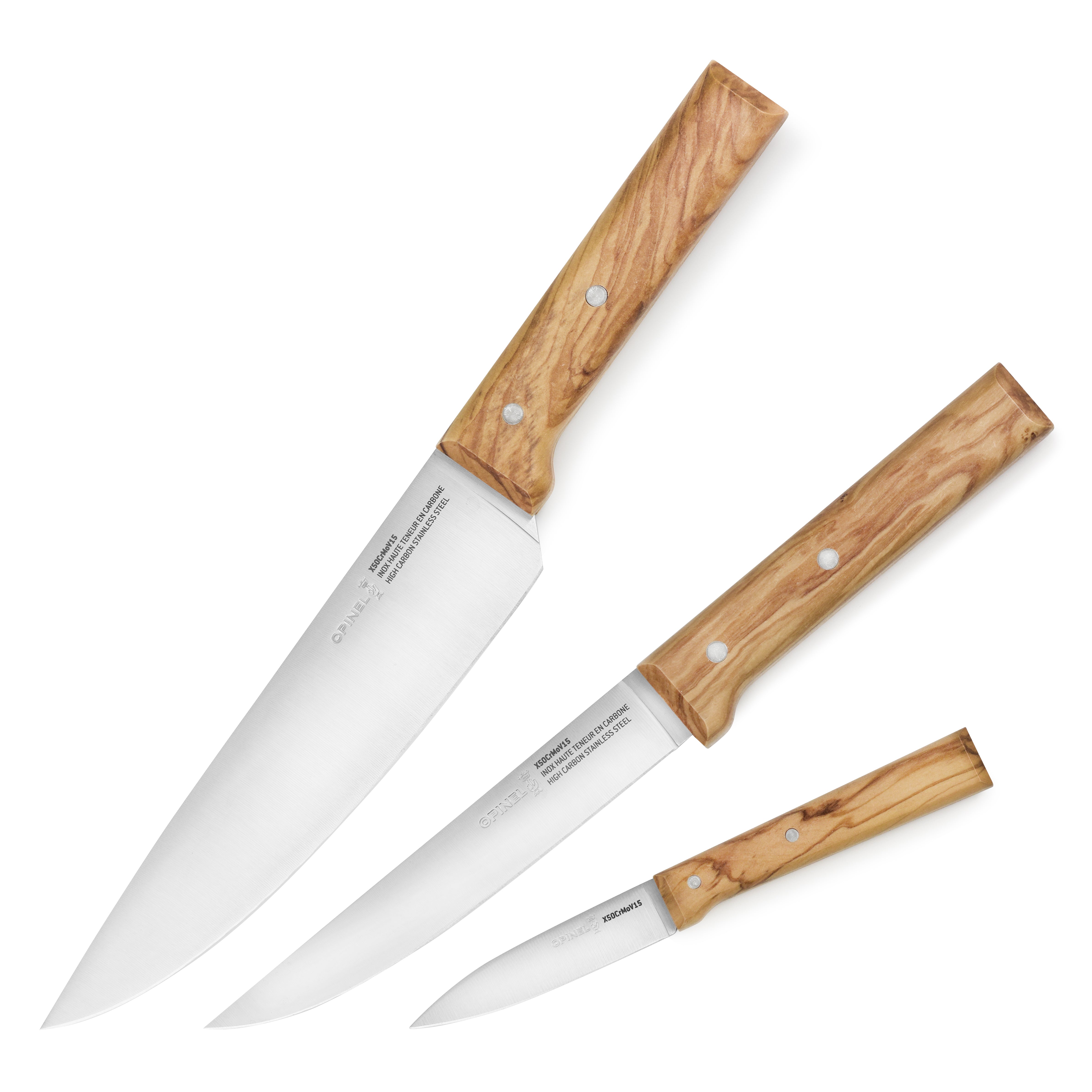 Elegant Olivewood Chef Knife Trio arranged on a wooden cutting board.
