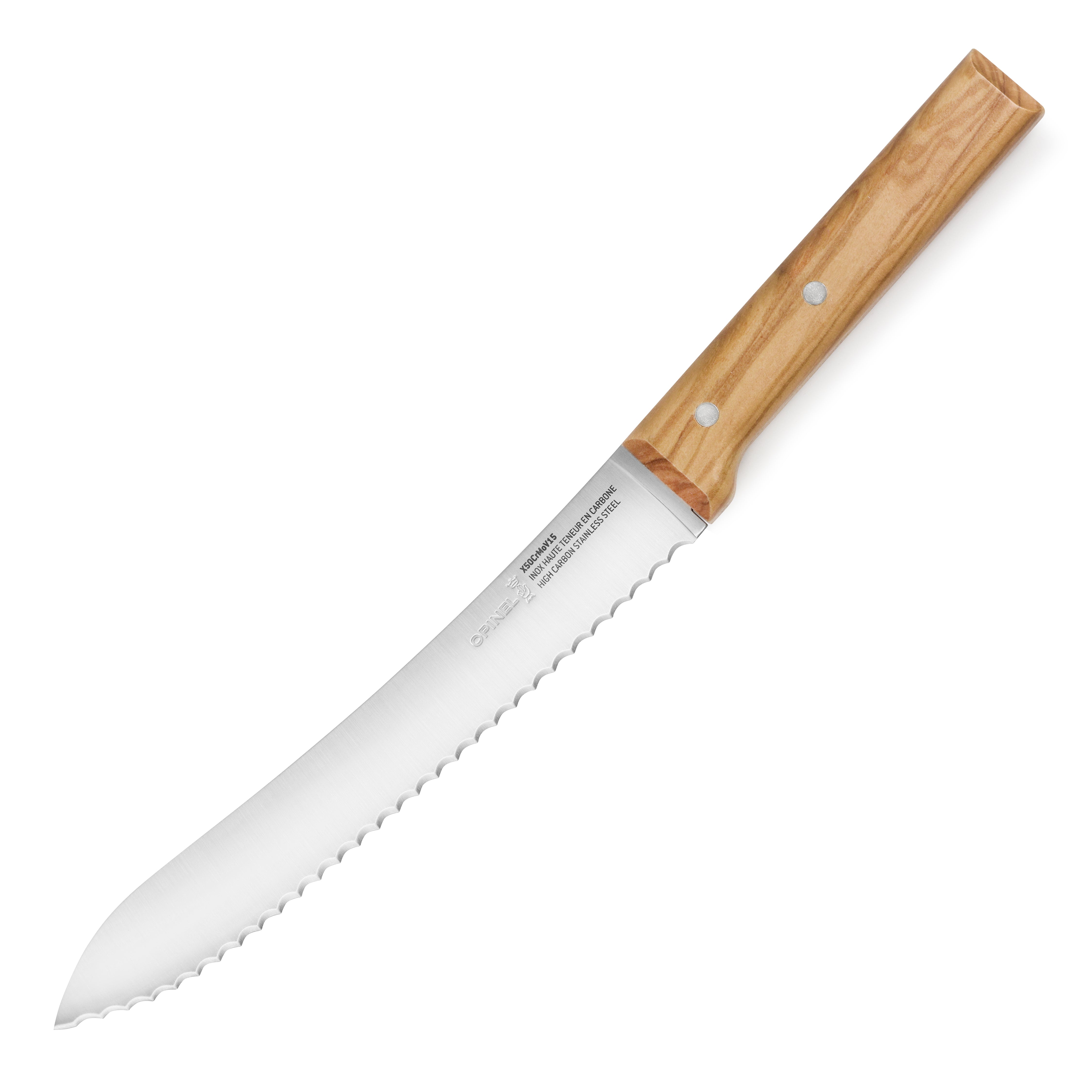 Opinel olivewood bread knife slicing fresh bread with serrated edge