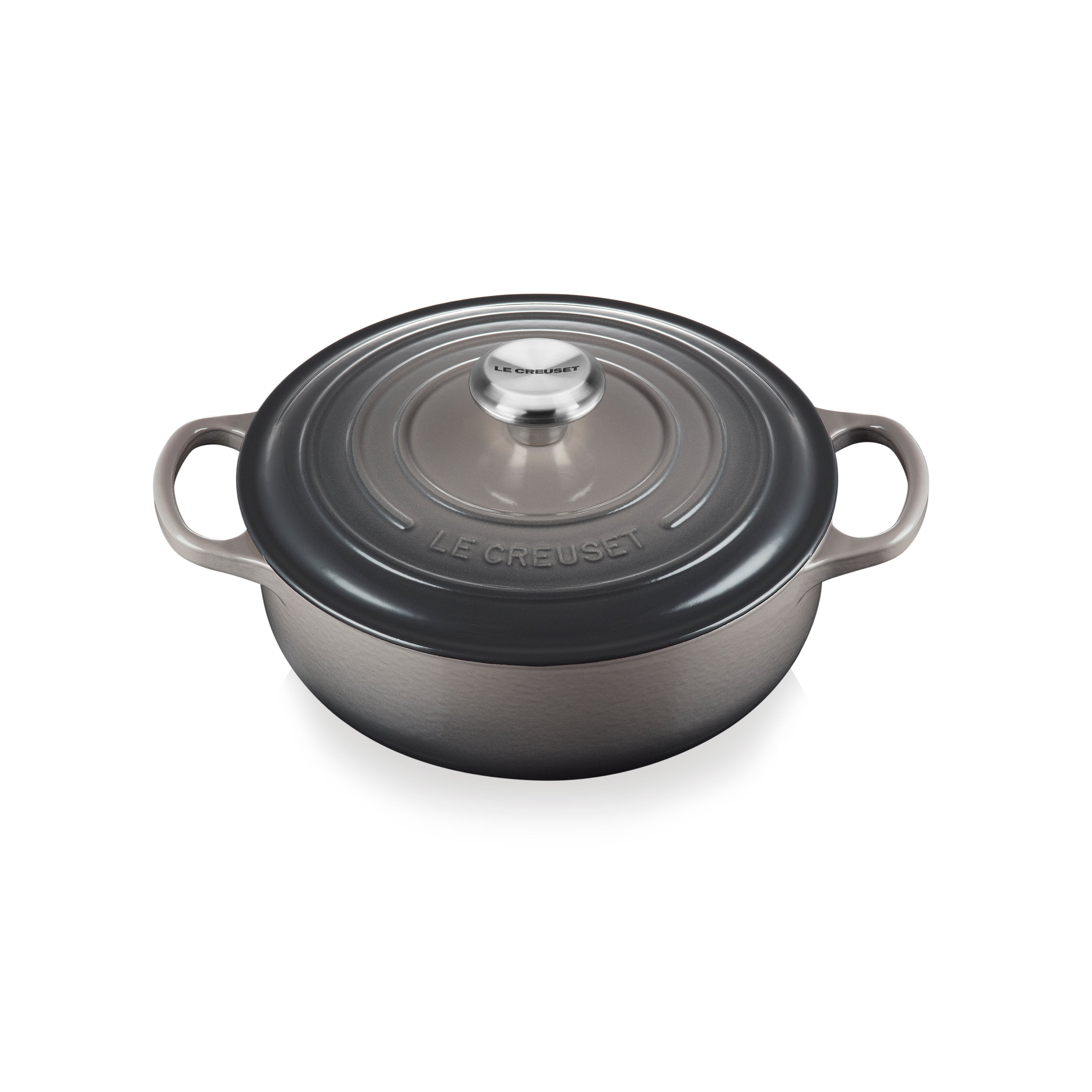 Top view of Le Creuset Signature Sauteuse Dutch Oven in oyster gray, highlighting tight-fitting lid and ergonomic handles