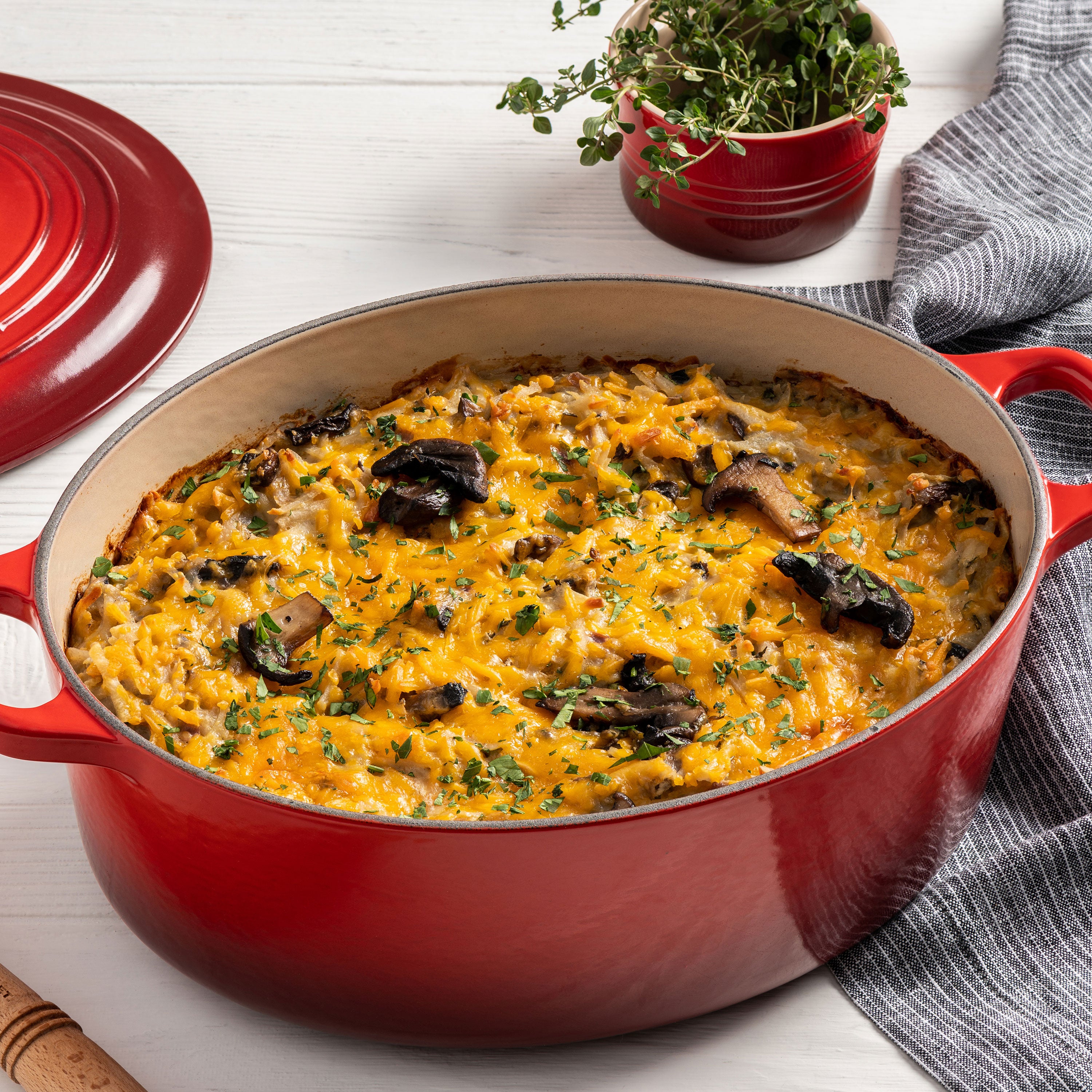 Close-up of ergonomic handles and stainless steel knob on Le Creuset Dutch oven