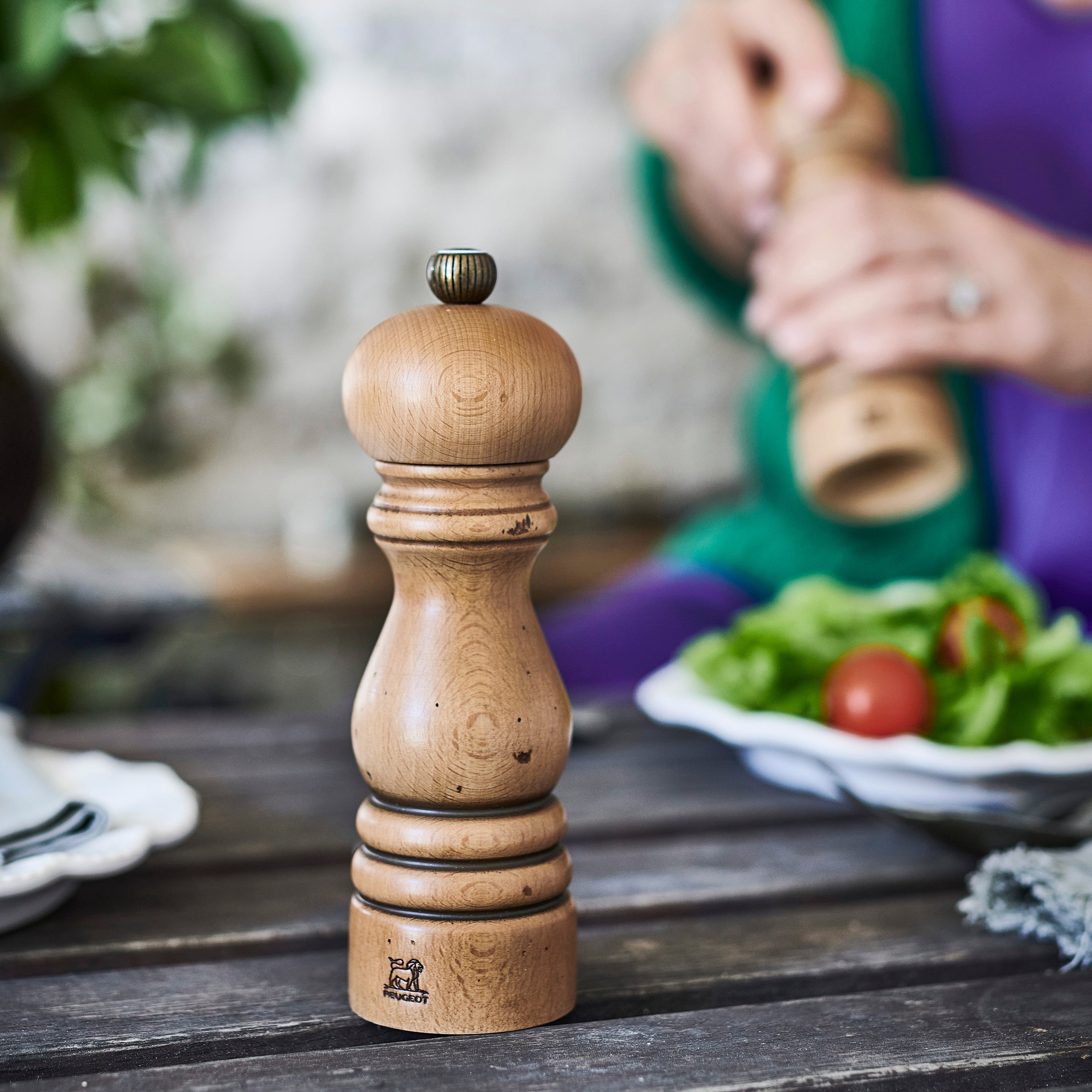 Elegant Peugeot Paris Salt and Pepper Mill Set showcasing its brass top and wooden finish.