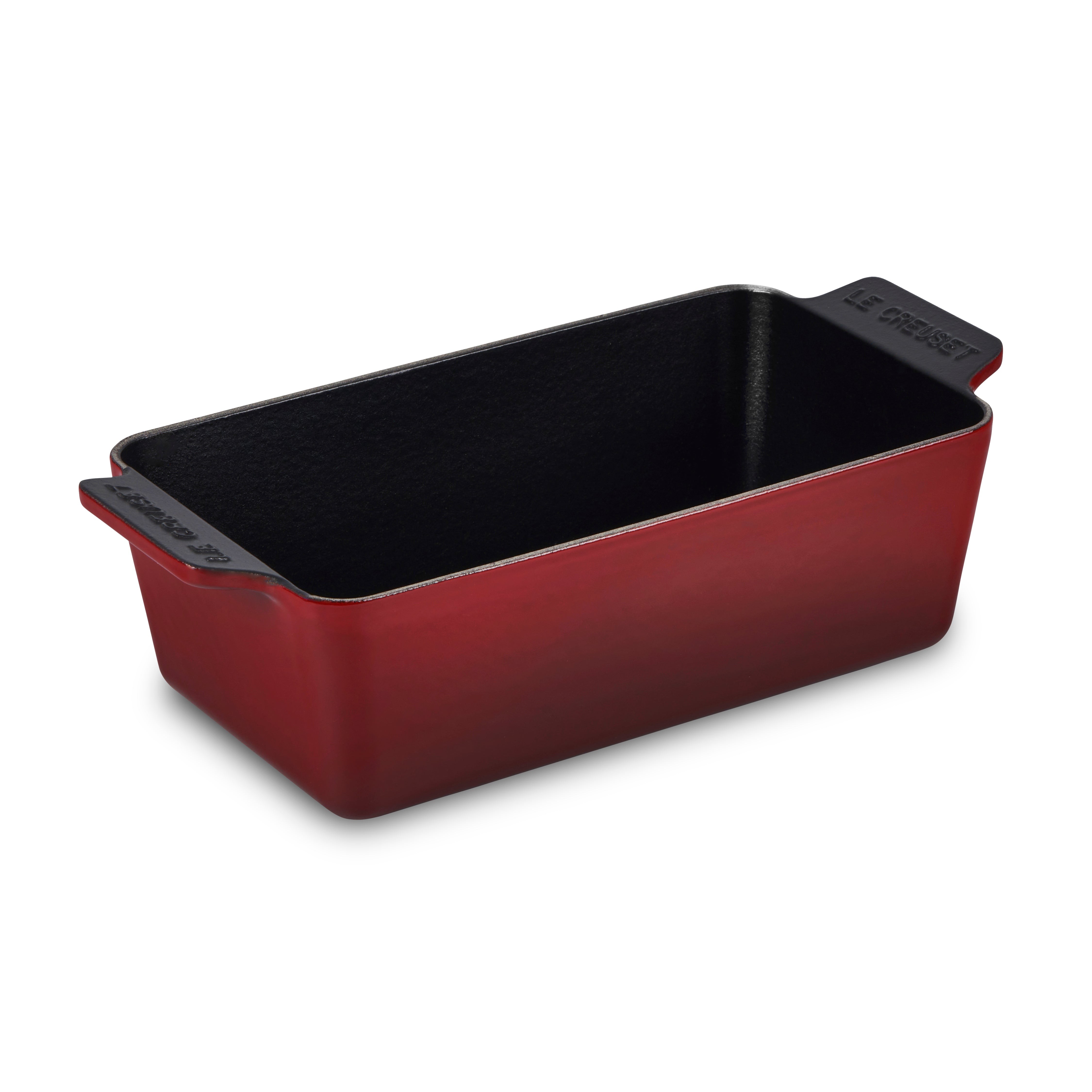 Side view of the Le Creuset cast iron pan showcasing Rhone enamel finish and ergonomic handles