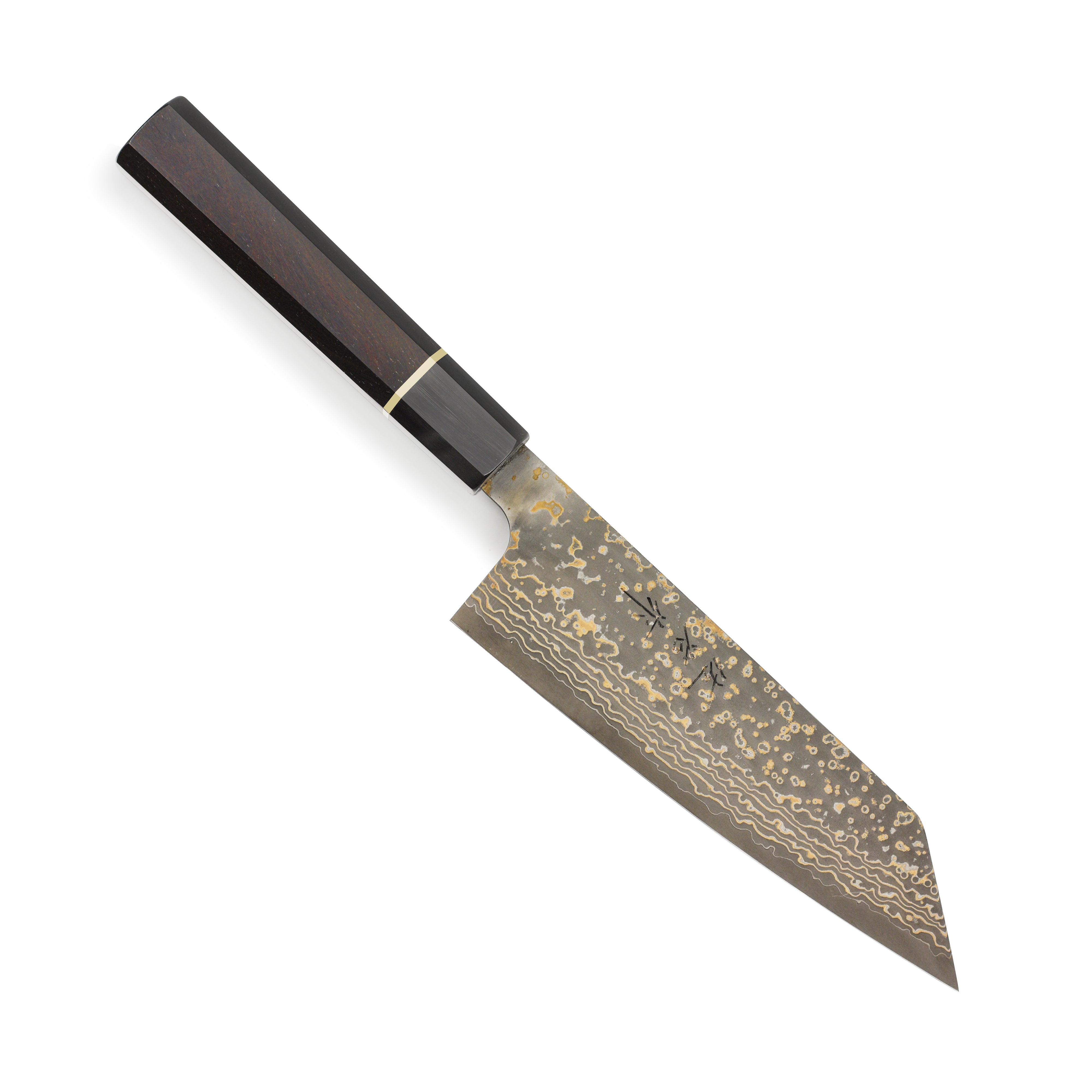 Close-up of the Saji Black Gold Damascus Bunka Knife highlighting the unique blade design and handle.