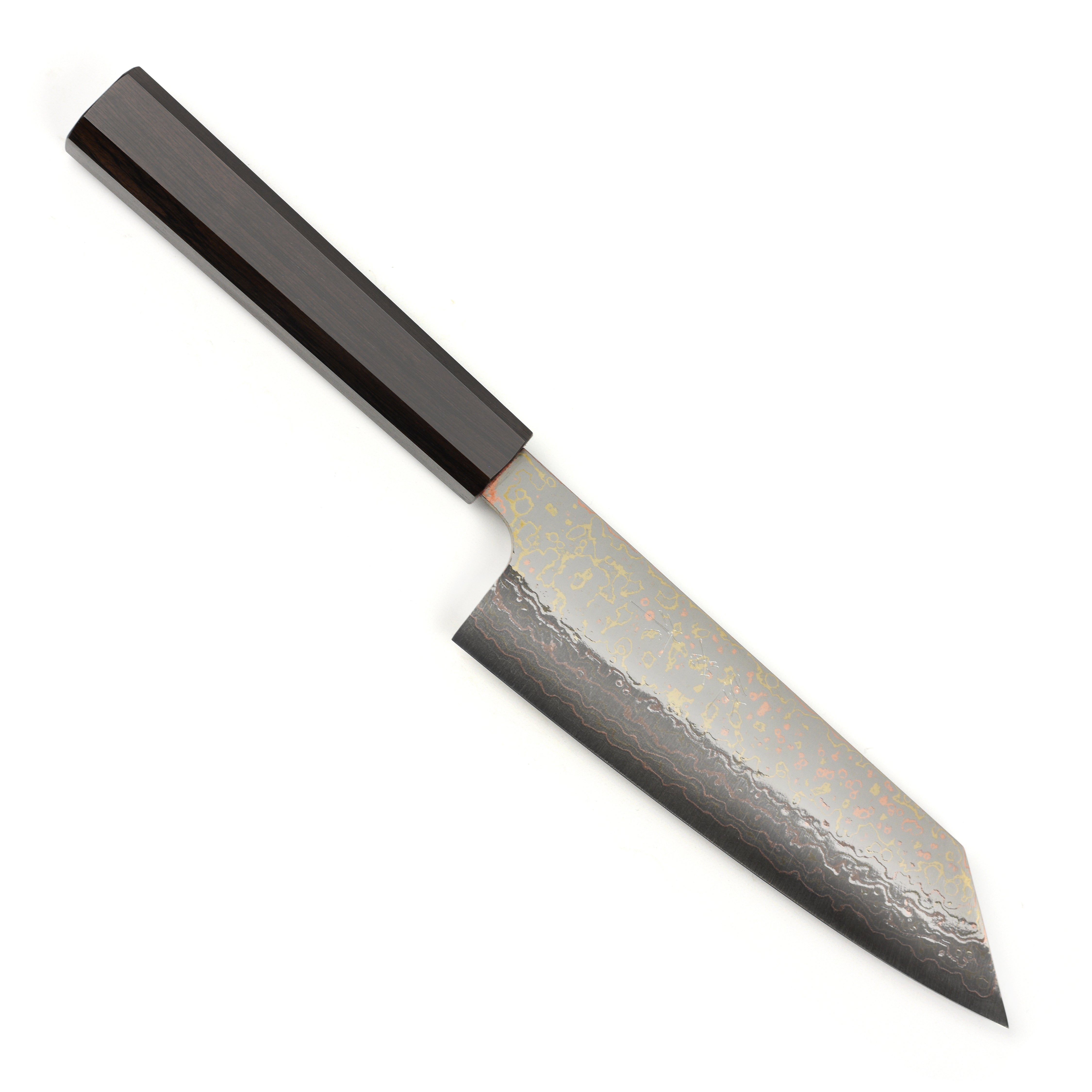 Saji Rainbow Damascus Bunka Knife displayed in its wooden gift box, reflecting craftsmanship and luxury.