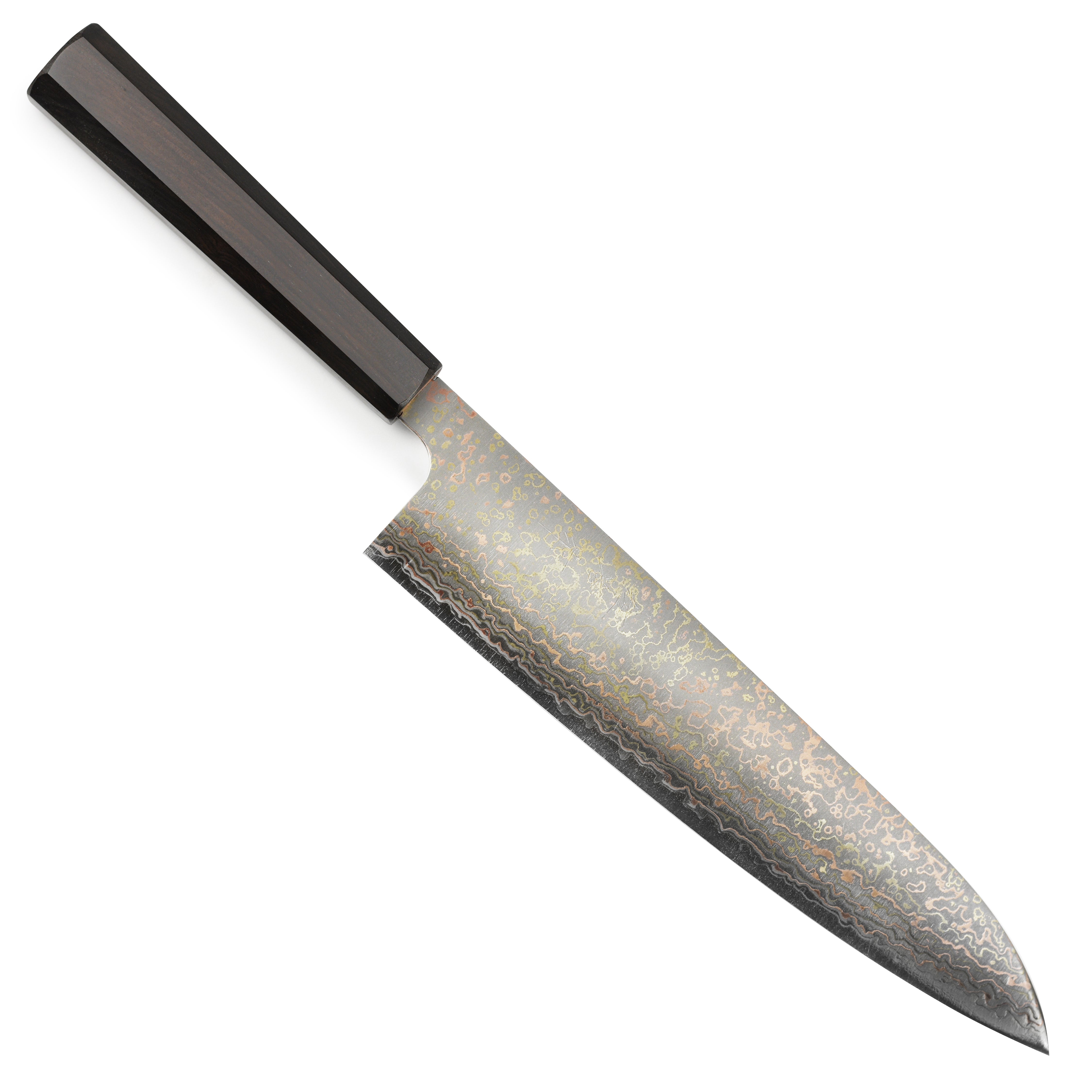 Saji Rainbow Damascus knife in wooden gift box, perfect for gifting.