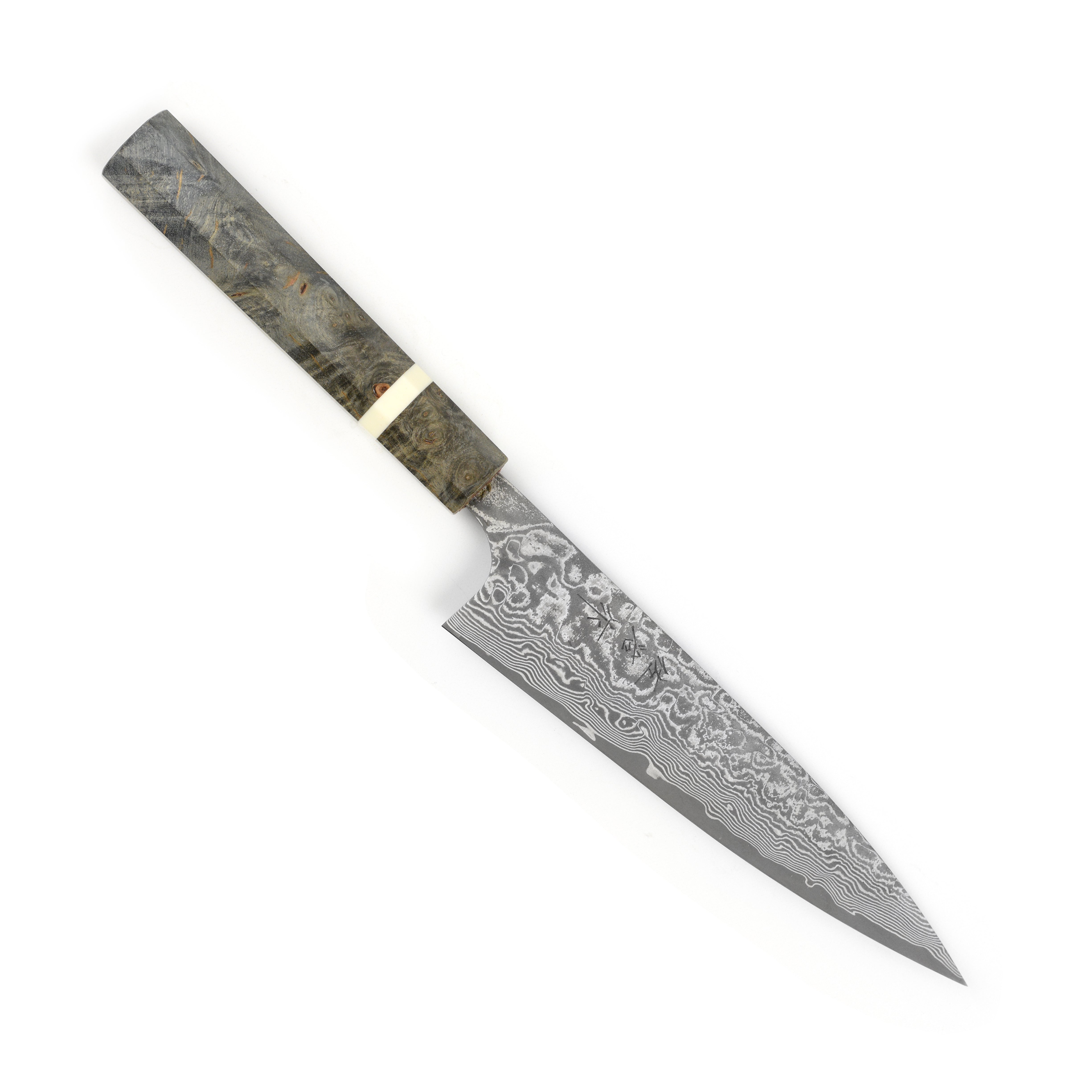 Saji Black Damascus Petty Knife - close-up of the blade and handle showing craftsmanship