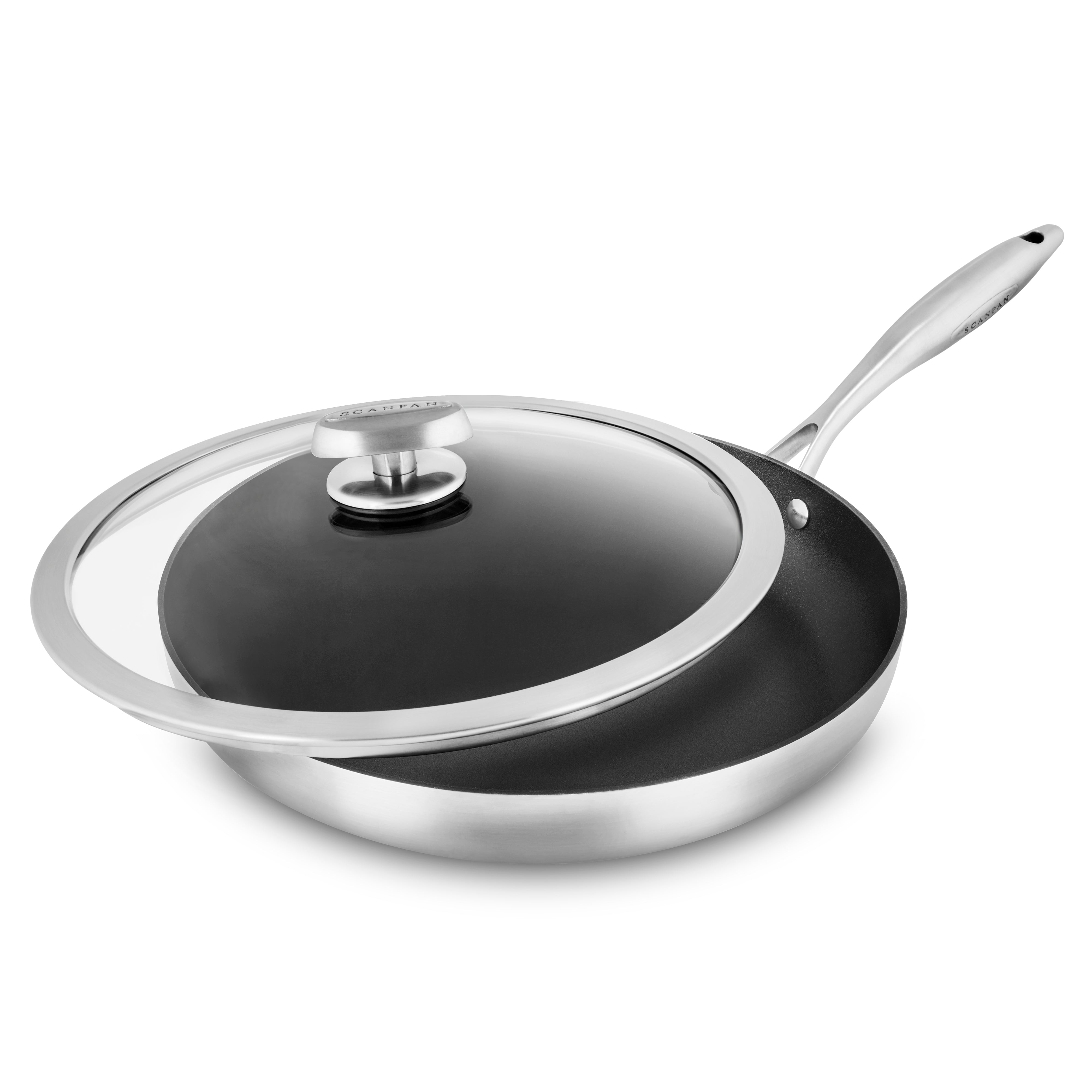 Stainless steel nonstick fry pan with lid on induction stove for even heating