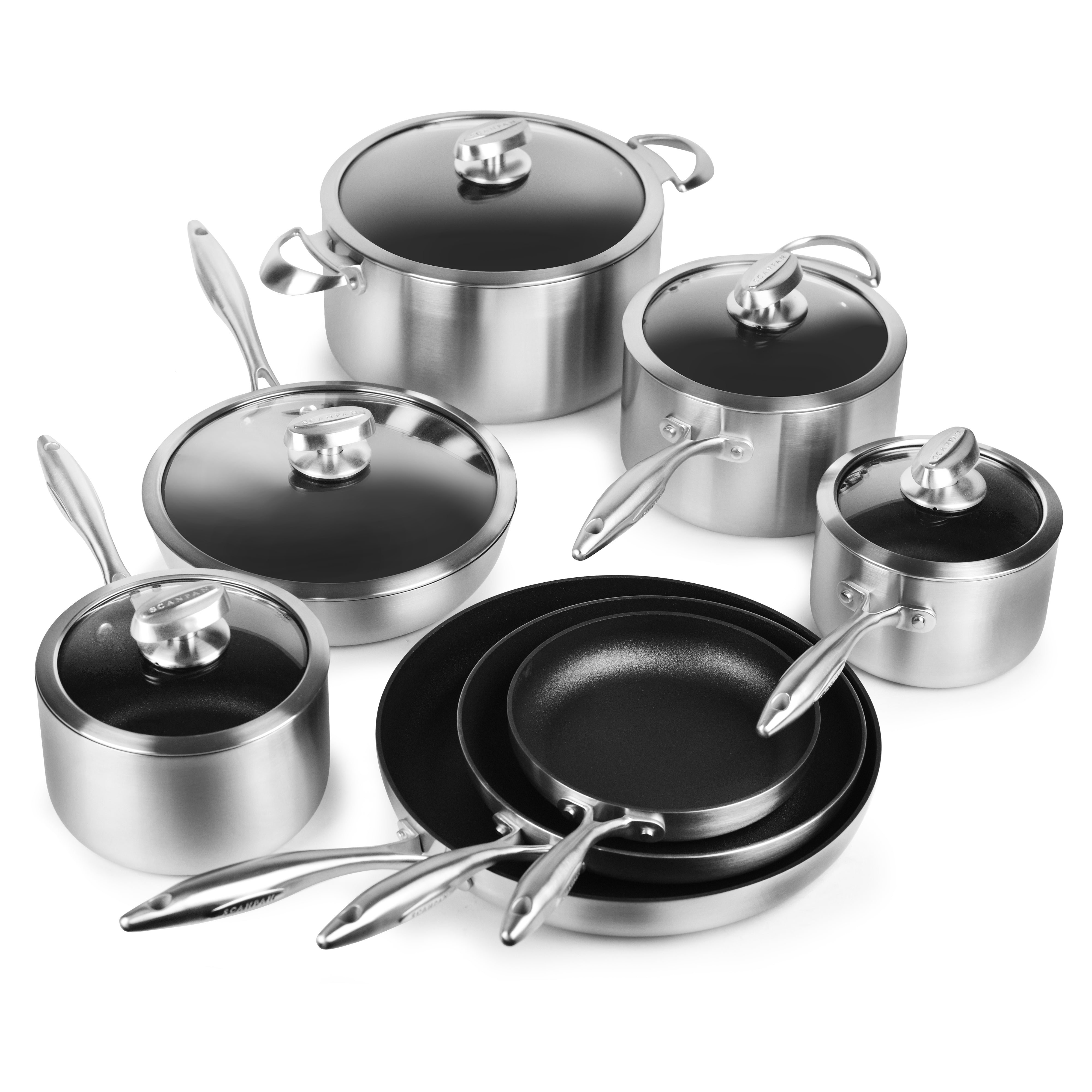 Stainless steel cookware set on a modern kitchen countertop