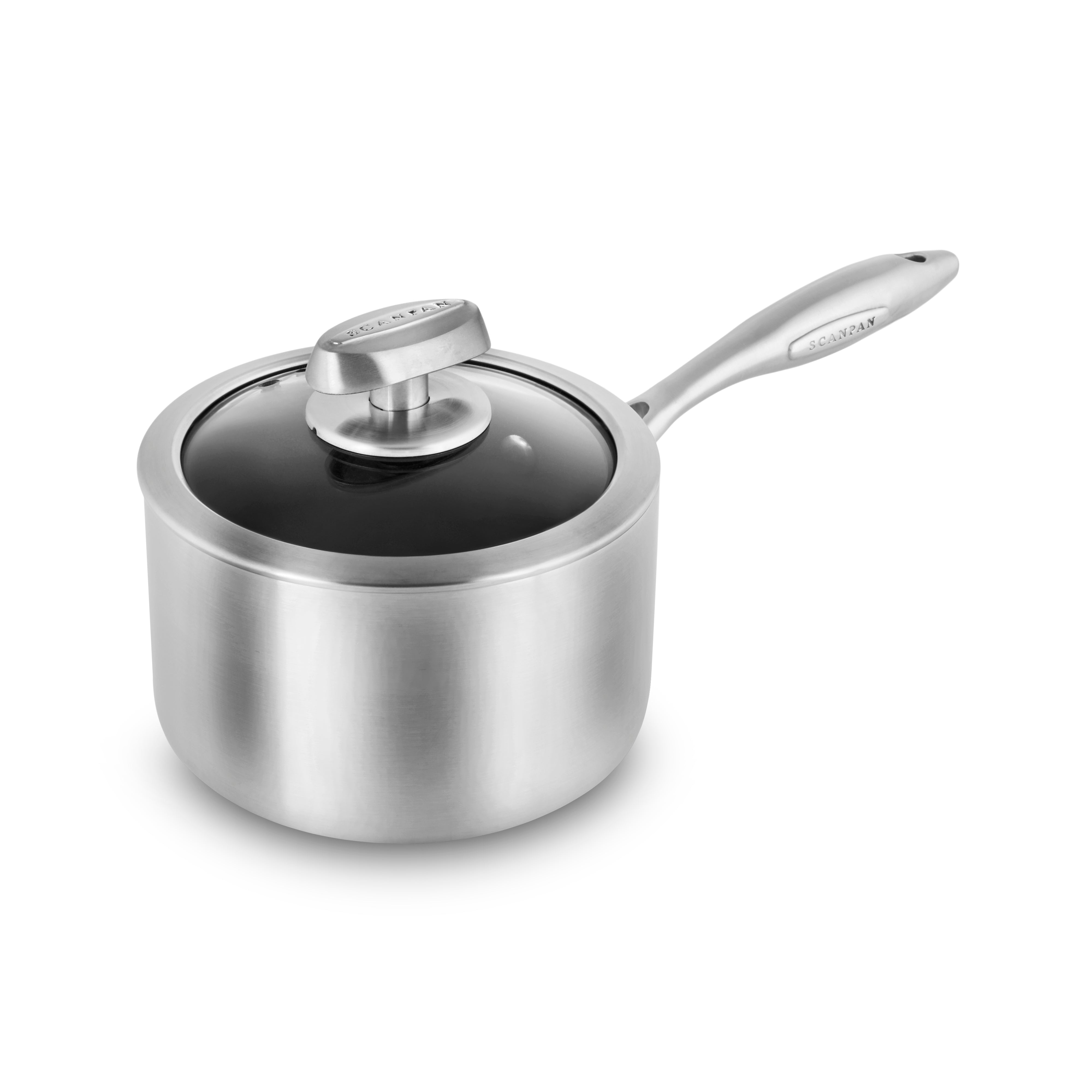 View of the Scanpan CX+ 2-quart durable nonstick saucepan with glass lid, highlighting its elegant design and sturdy construction.