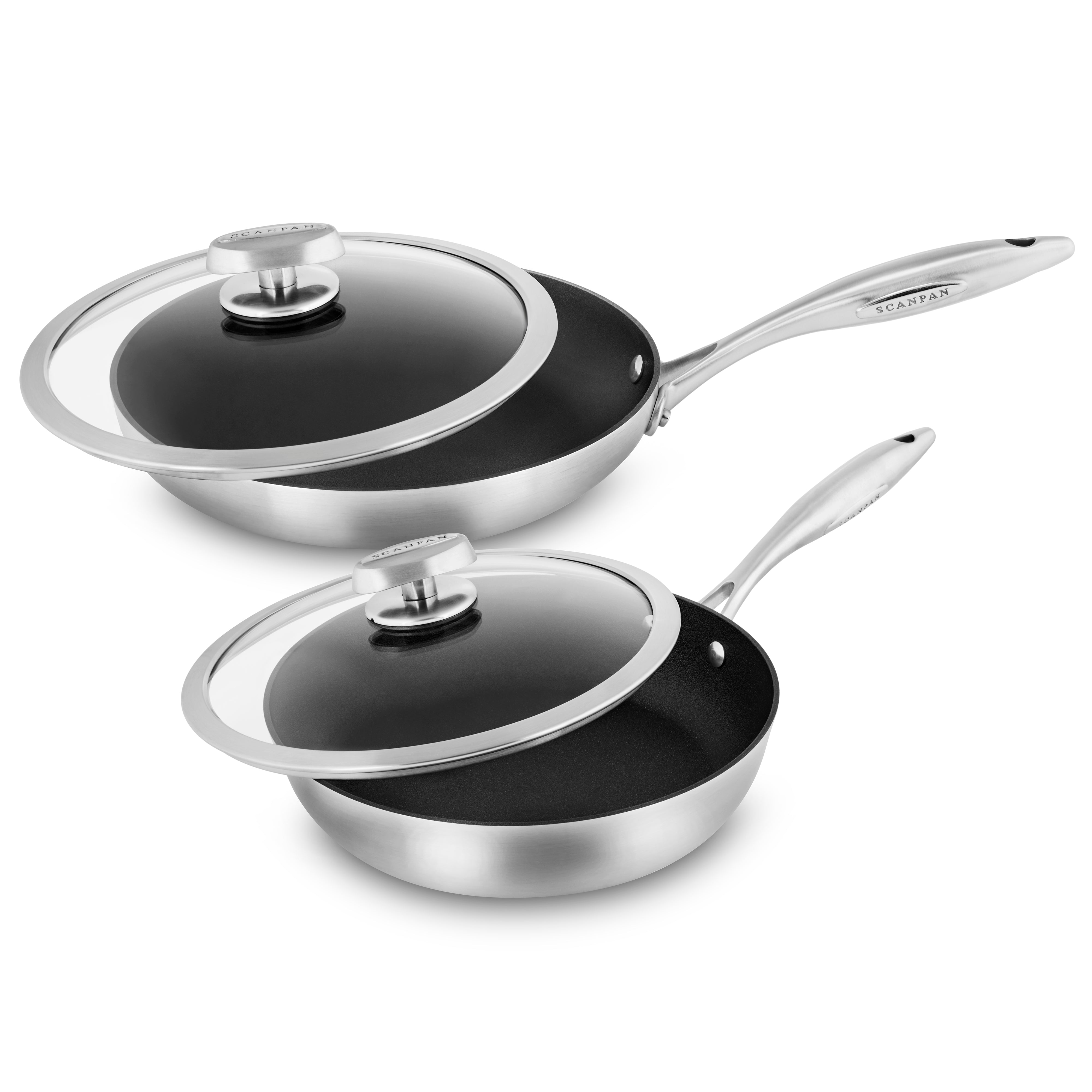 Close-up of the premium stainless steel nonstick fry pan set showcasing the durable coating.