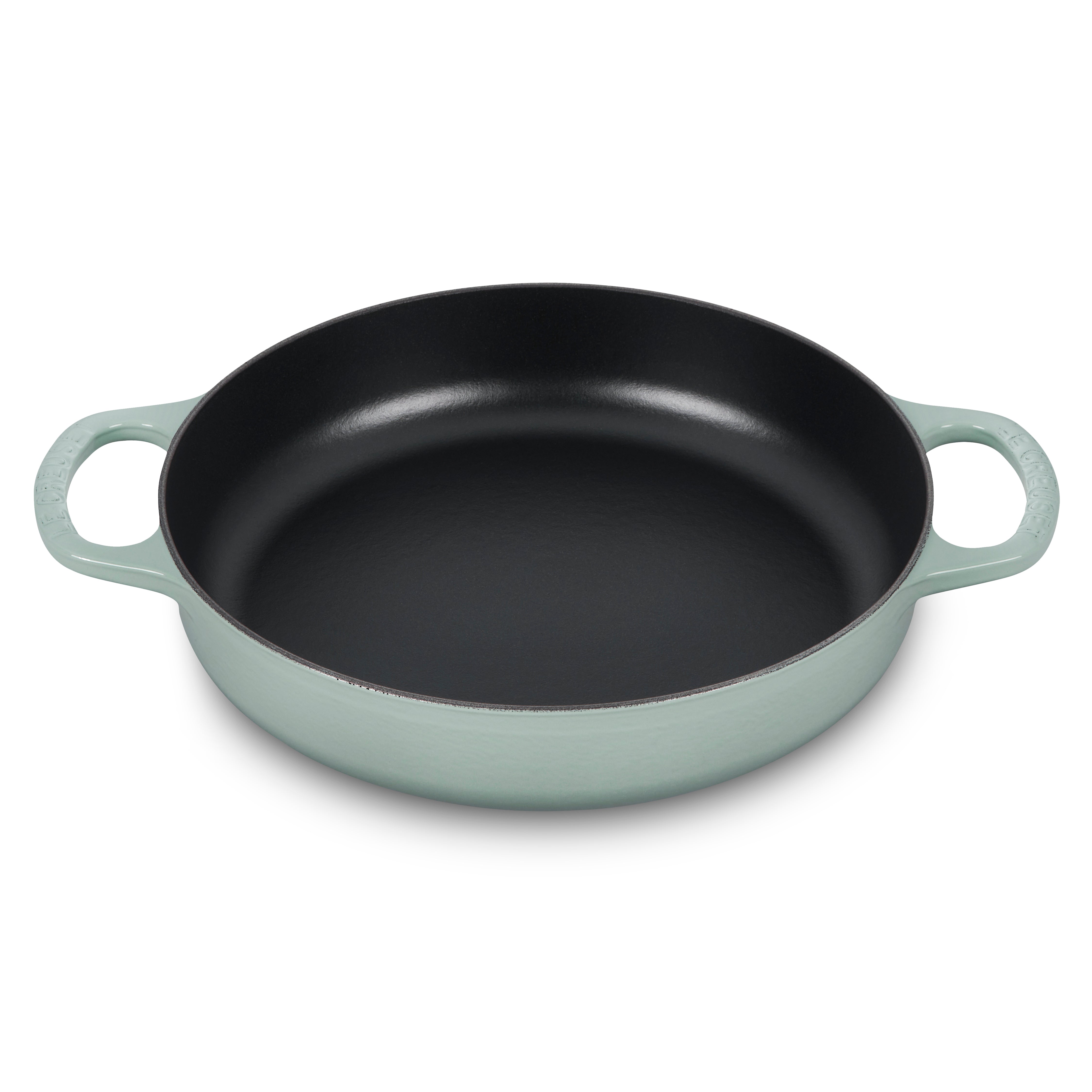 Close-up of the Le Creuset 11-inch cast iron skillet showcasing the sea salt finish.
