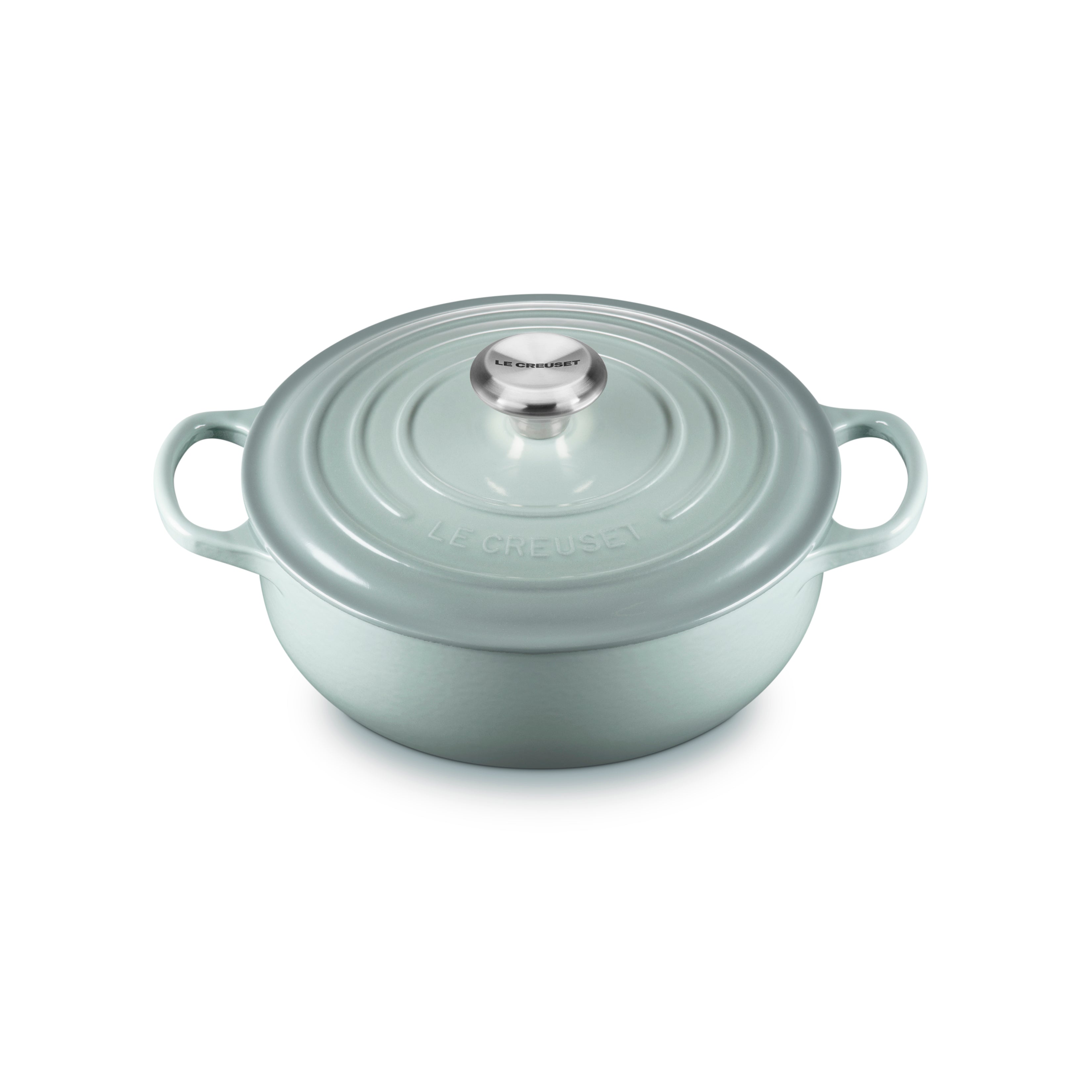 Le Creuset 3.5-quart Dutch oven with ergonomic handles from an angle