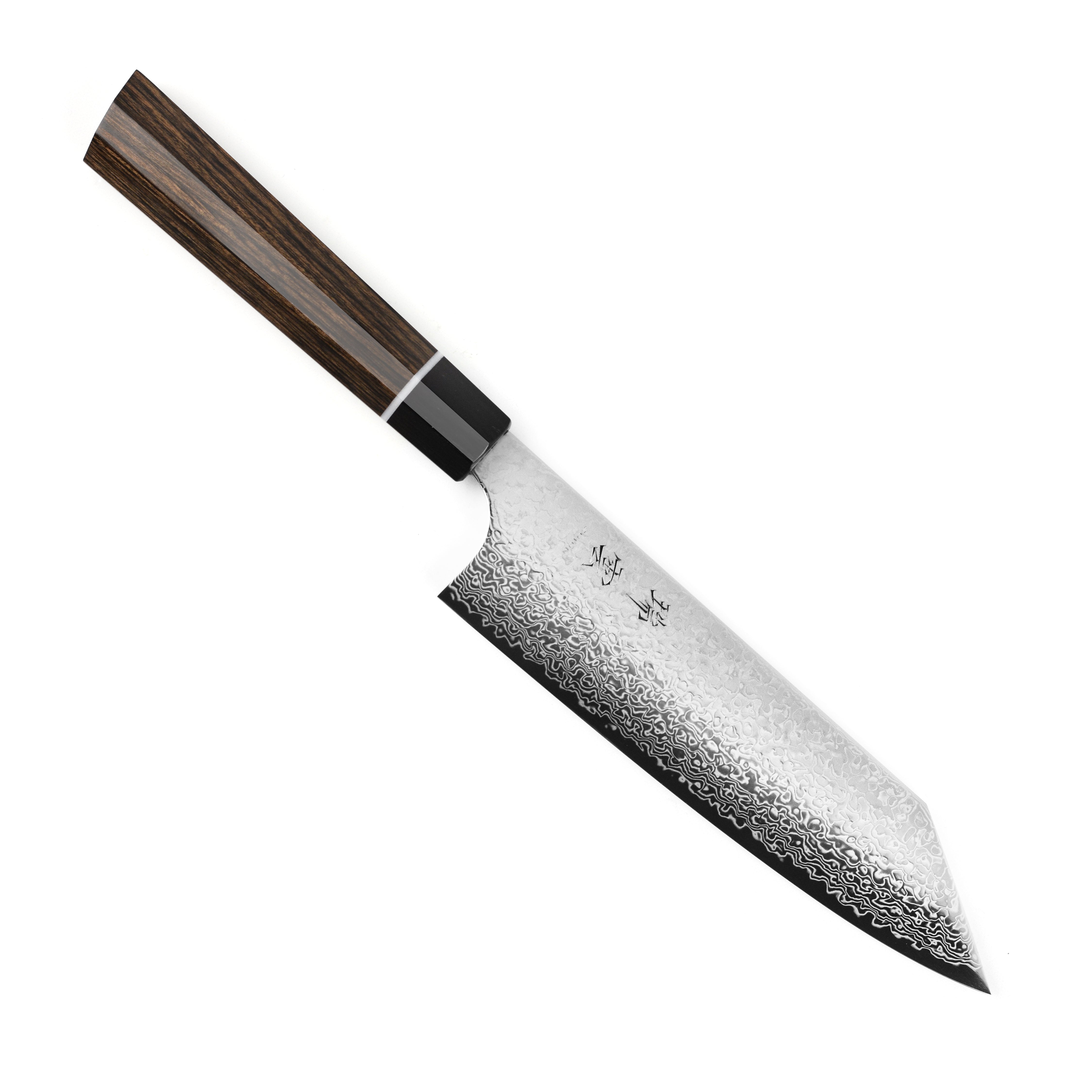 Seki Kanetsugu Zuiun SG2 7-Inch Bunka Knife in use on a cutting board with fresh vegetables.