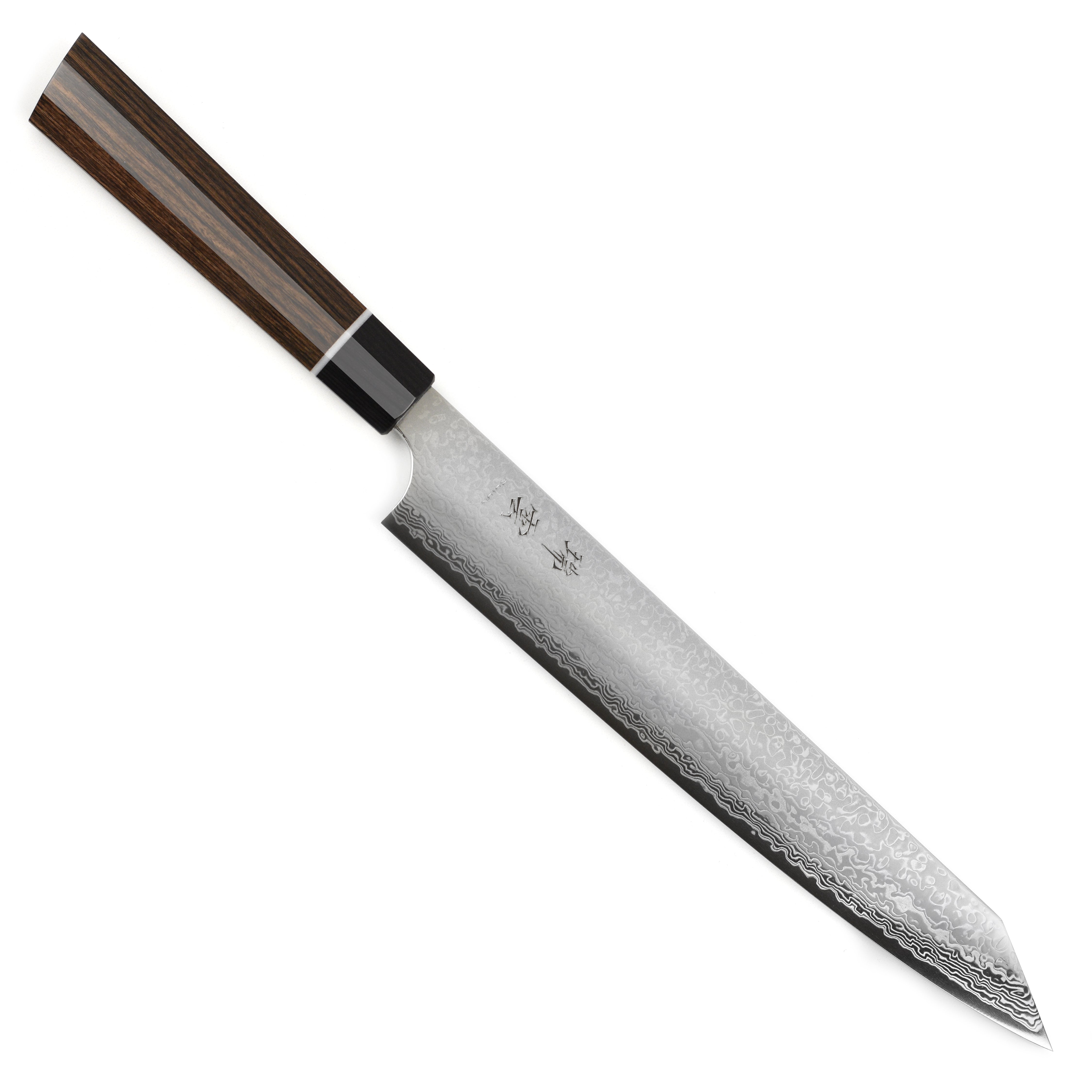 Seki Kanetsugu Zuiun SG2 Sujihiki Chef Knife in action, slicing through fresh vegetables.