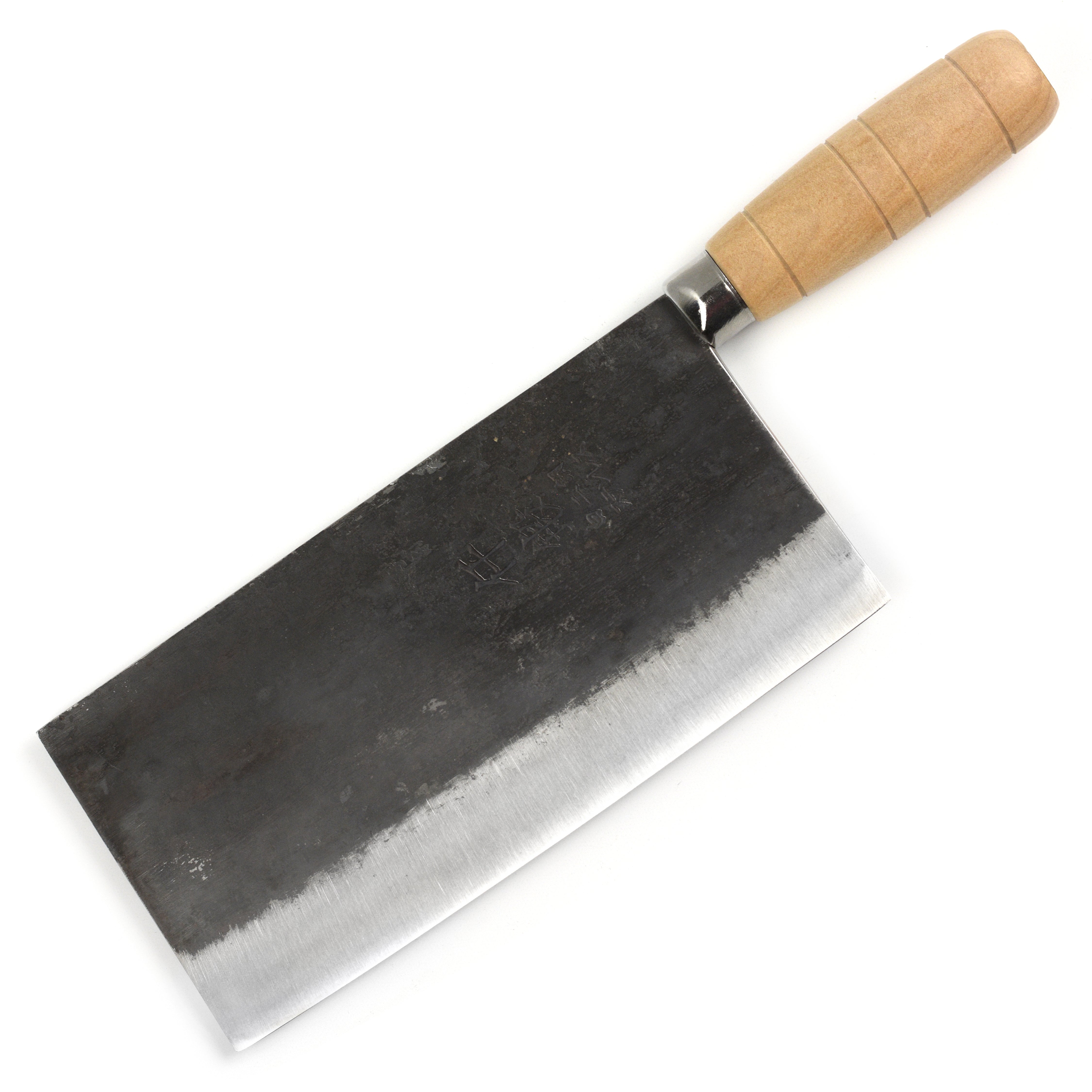 Side view of the Rustic Hand-Forged Carbon Steel 8" Chinese Cleaver, highlighting its kurouchi finish and polished edge.