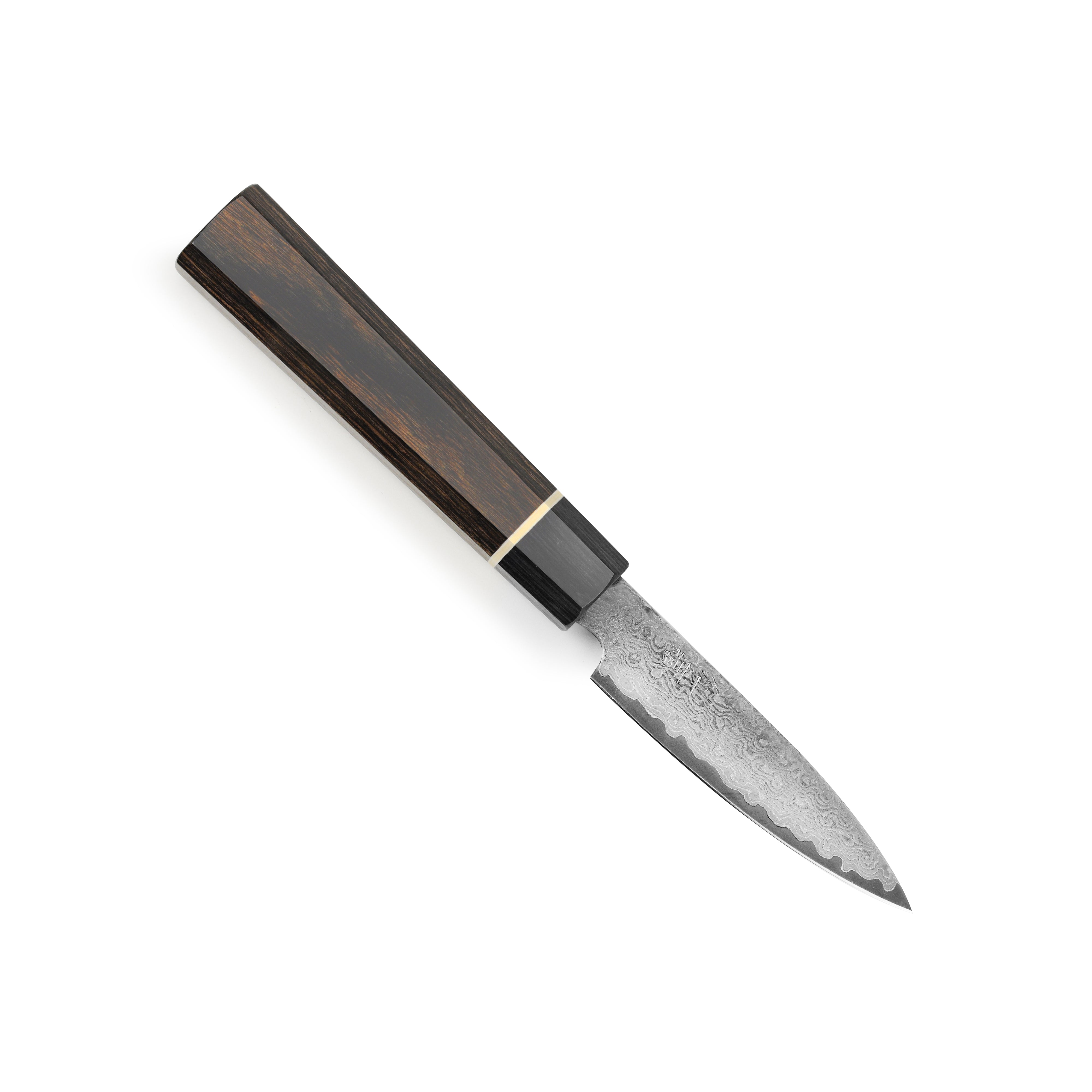 Close-up of the Senzo Elite VG10 Damascus paring knife blade highlighting its intricate design.